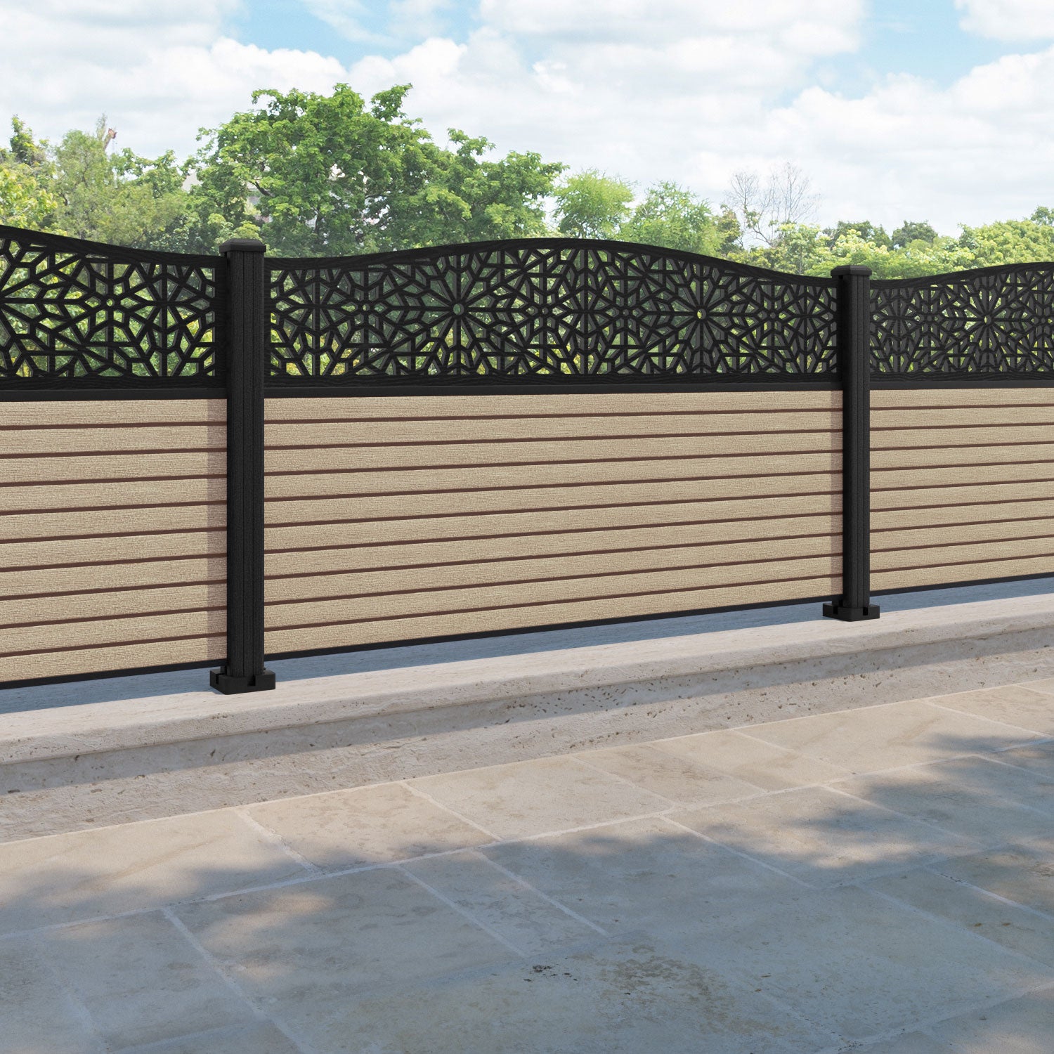 Hudson Alnara Curved Top Fence Panel - Light Oak - with our composite posts