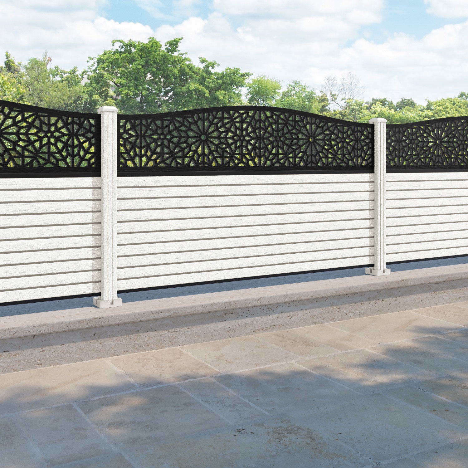 Hudson Alnara Curved Top Fence Panel - Light Stone - with our composite posts