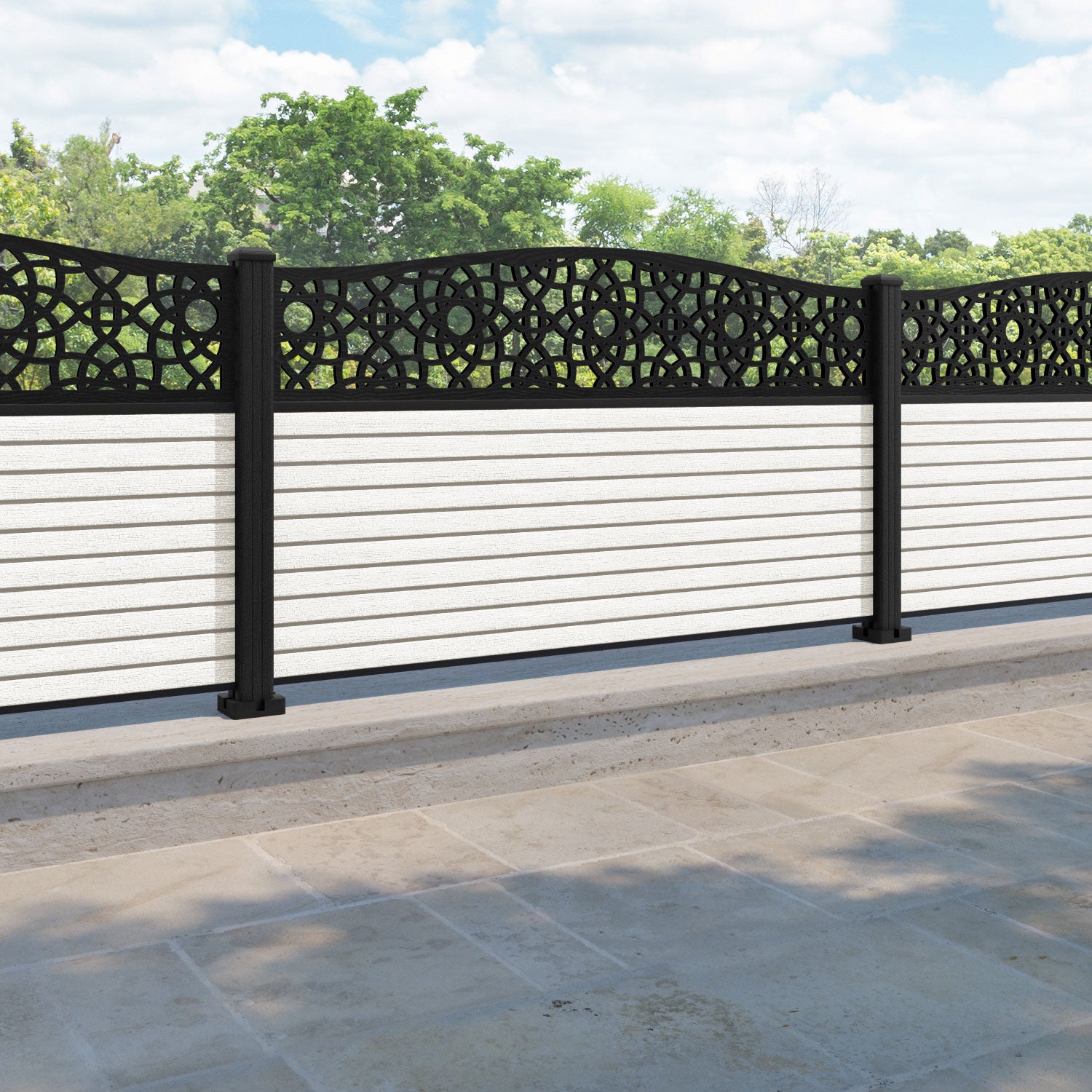 Hudson Ambar Curved Top Fence Panel - Light Stone - with our composite posts