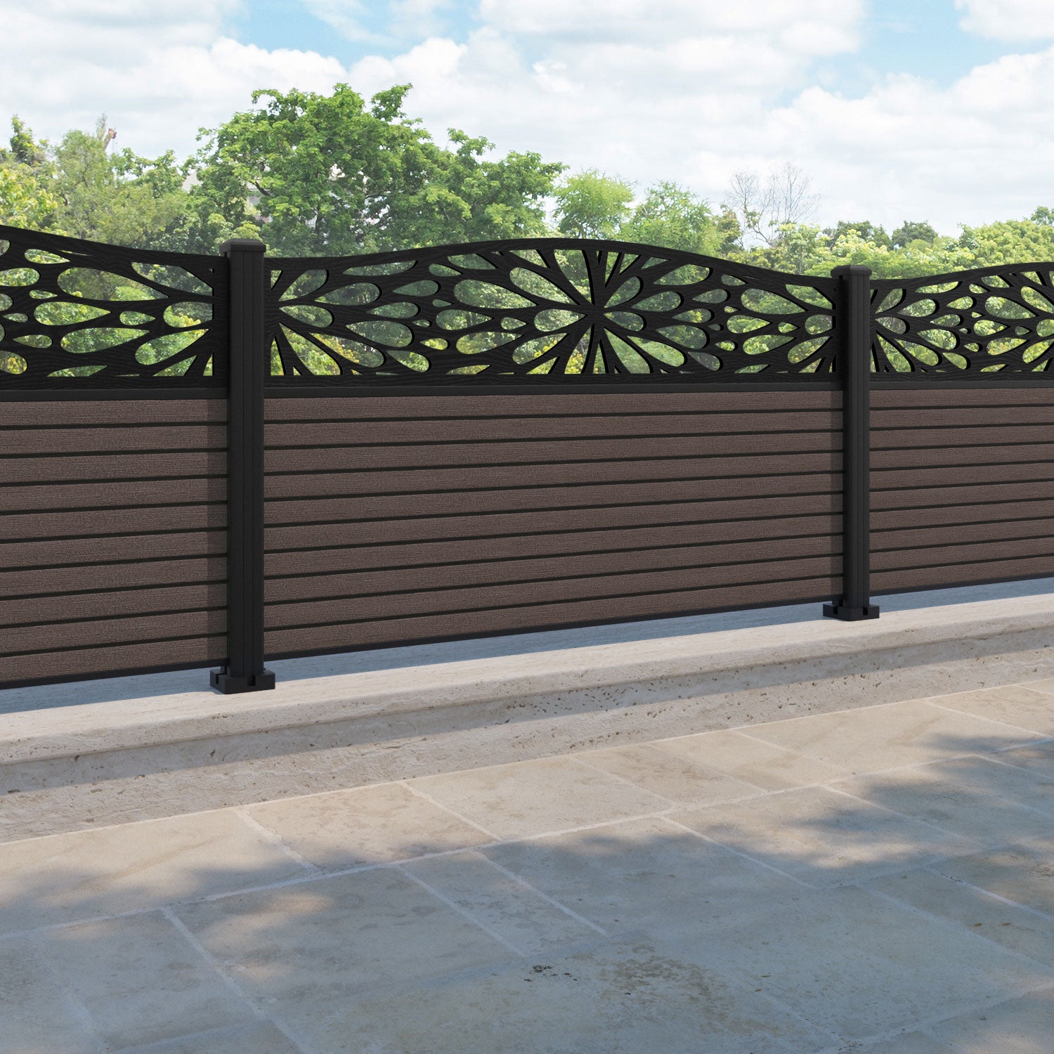 Hudson Blossom Curved Top Fence Panel - Mid Brown - with our aluminium posts