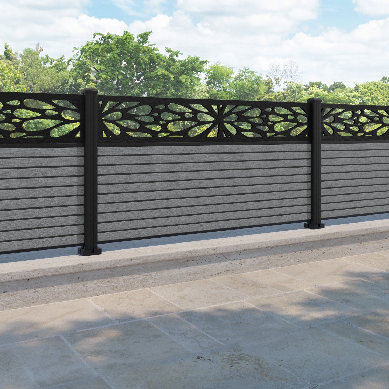 Hudson Blossom Fence Panel - Mid Grey - with our aluminium posts