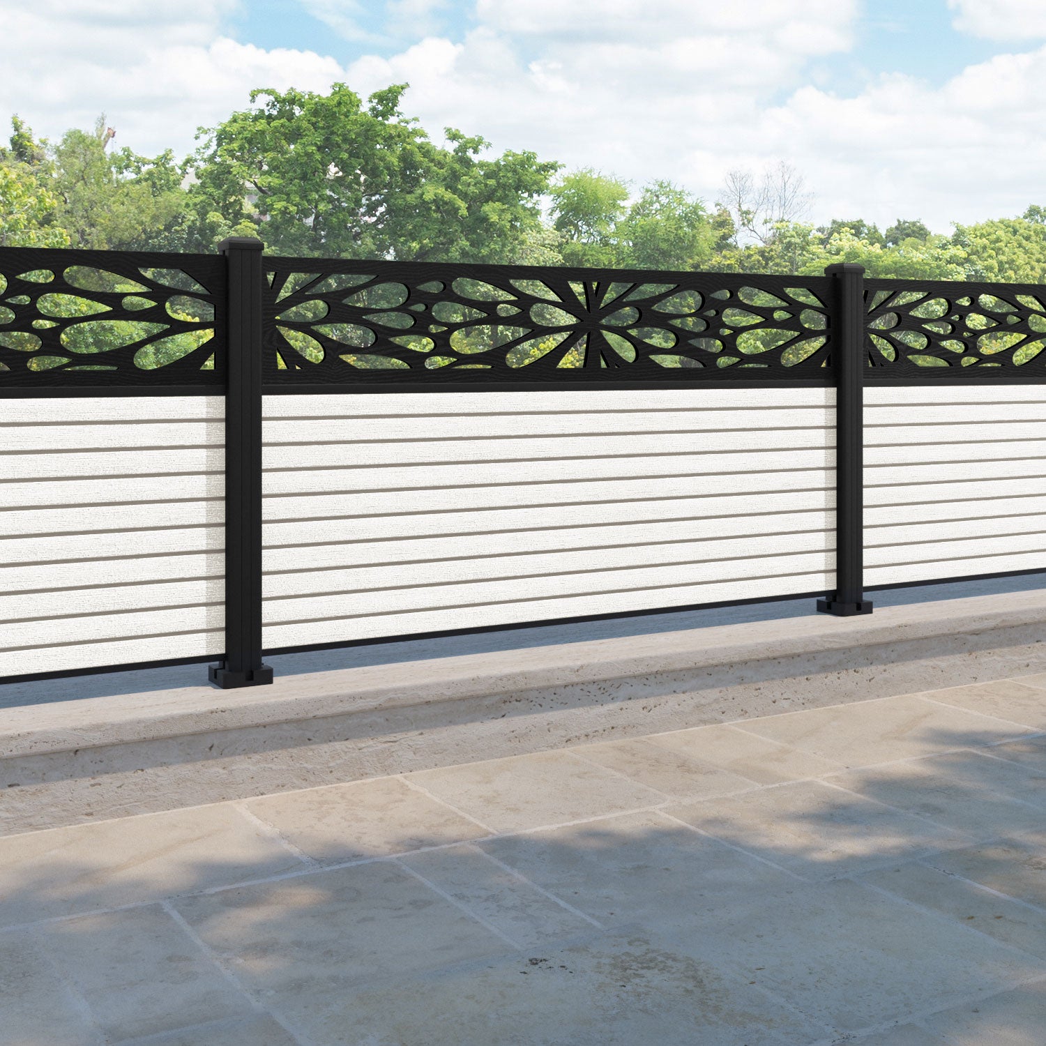 Hudson Blossom Fence Panel - Light Stone - with our aluminium posts