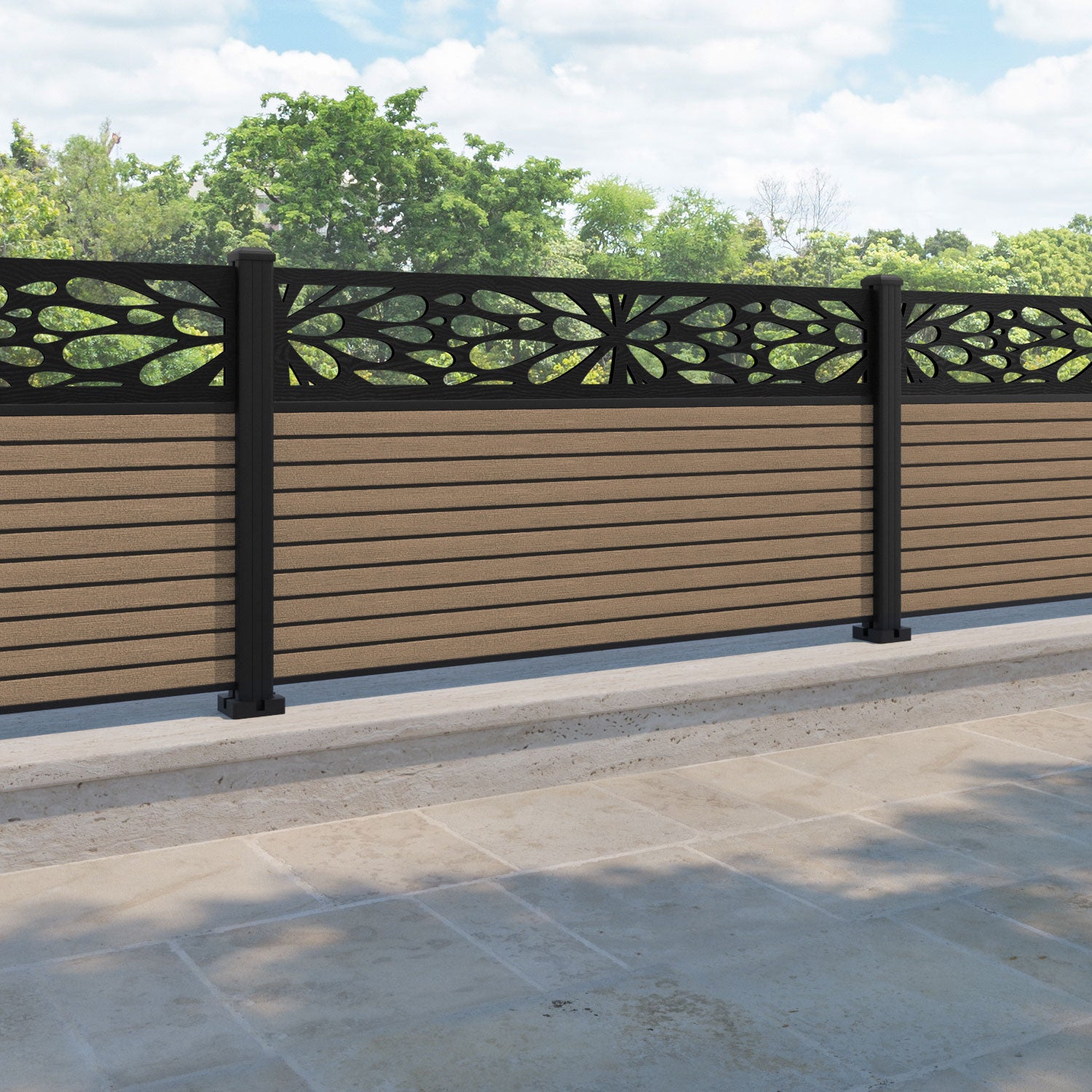 Hudson Blossom Fence Panel - Teak - with our aluminium posts