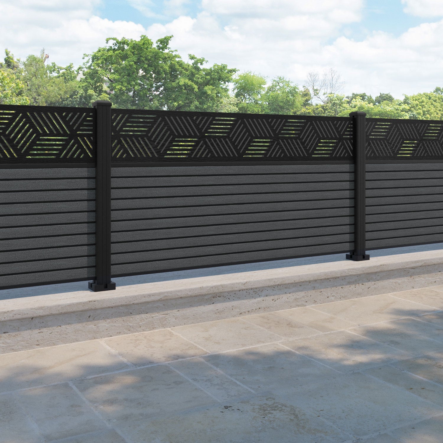 Hudson Cubed Fence Panel - Dark Grey - with our aluminium posts