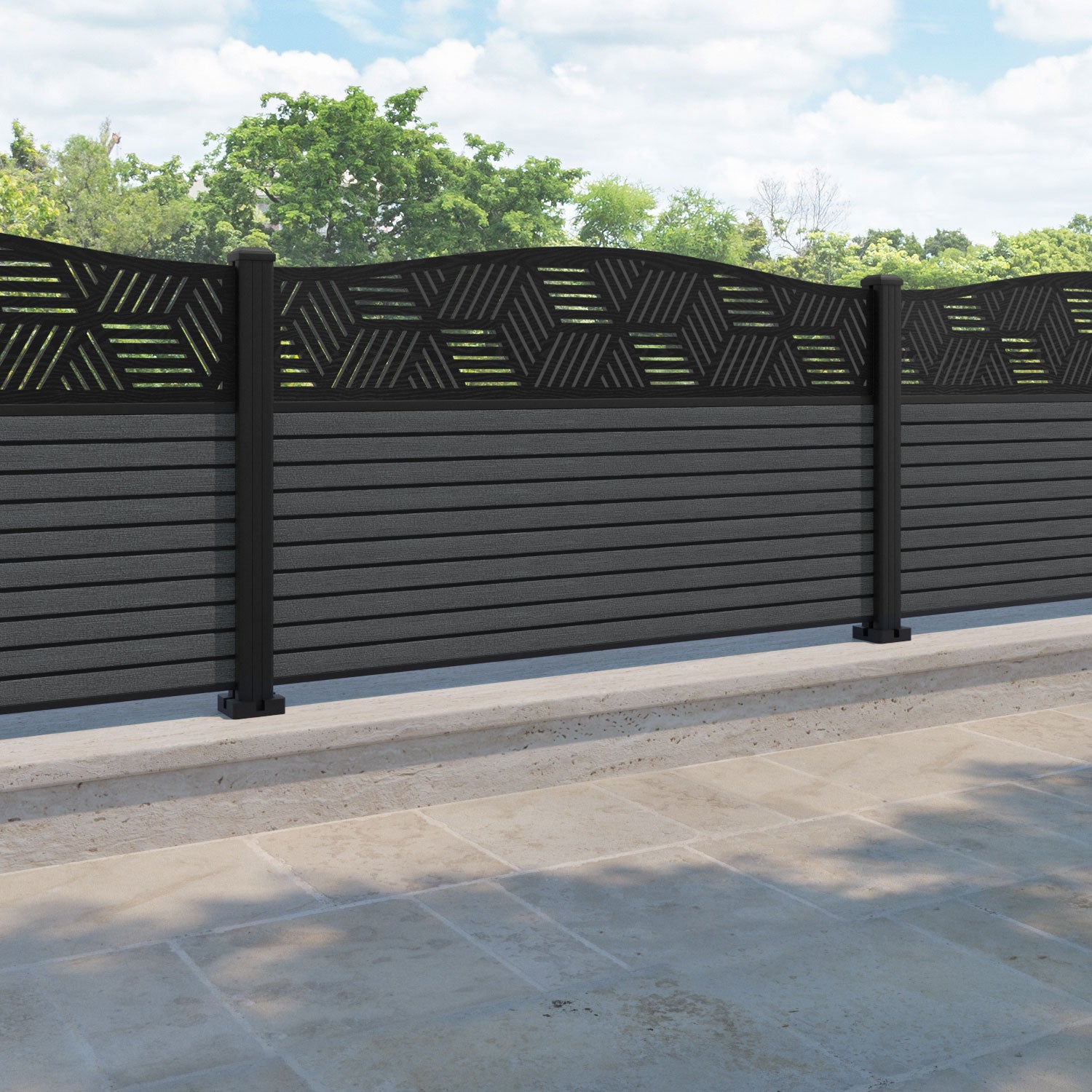 Hudson Cubed Curved Top Fence Panel - Dark Grey - with our aluminium posts