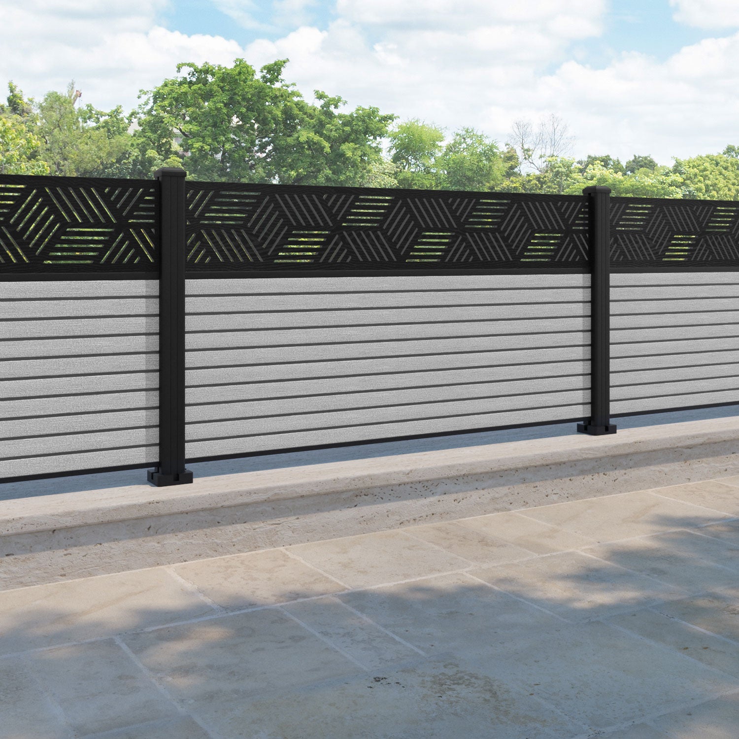 Hudson Cubed Fence Panel - Light Grey - with our aluminium posts