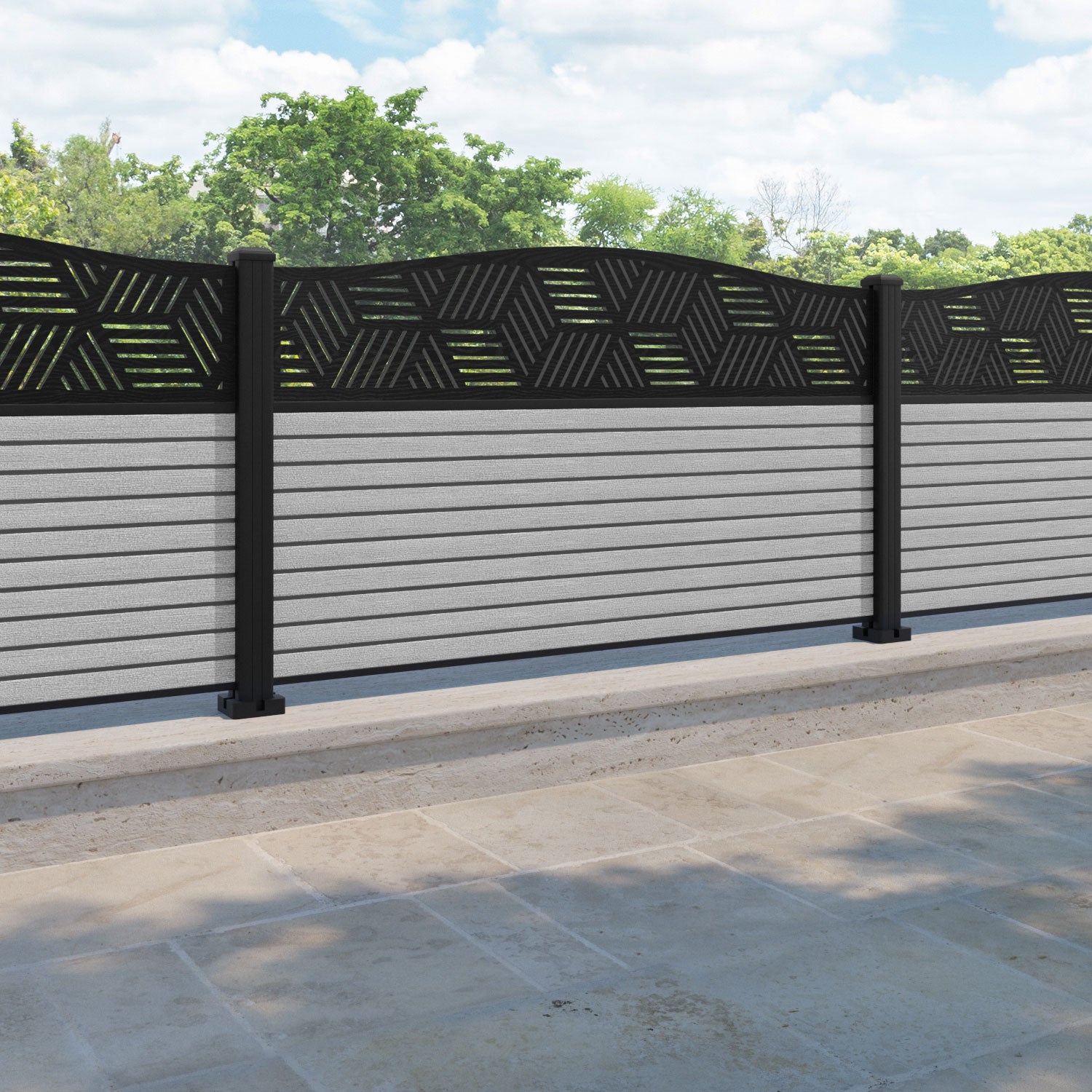 Hudson Cubed Curved Top Fence Panel - Light Grey - with our aluminium posts