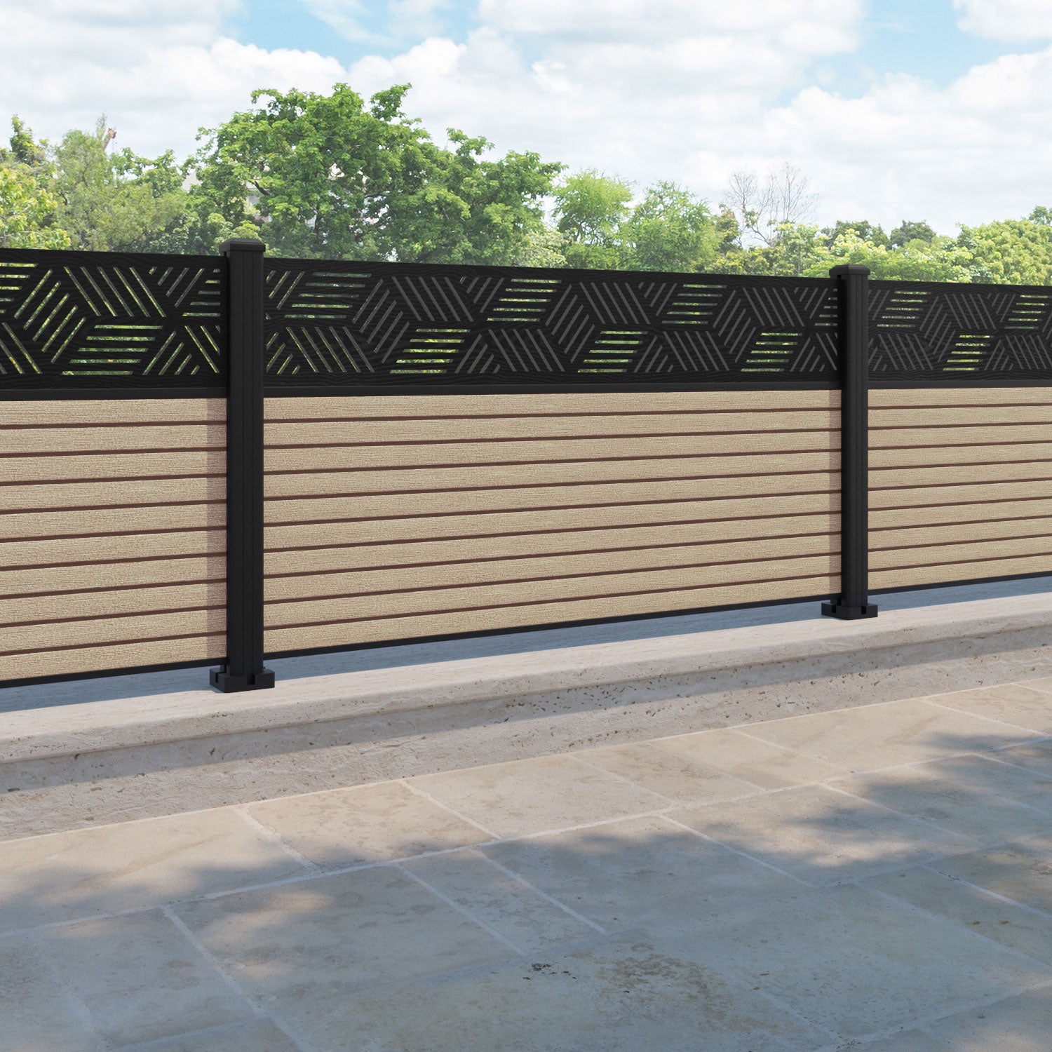 Hudson Cubed Fence Panel - Light Oak - with our aluminium posts