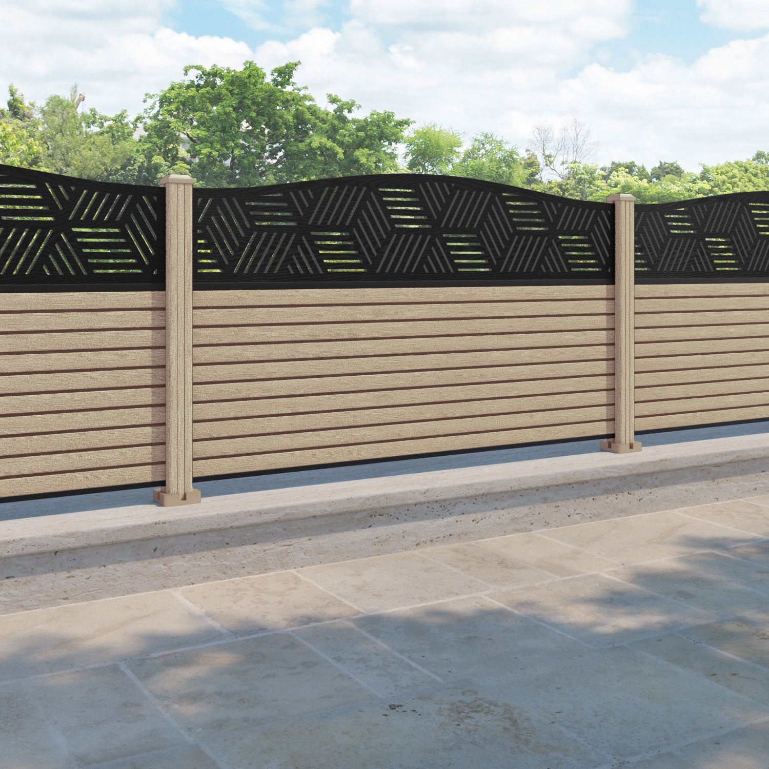 Hudson Cubed Curved Top Fence Panel - Light Oak - with our composite posts