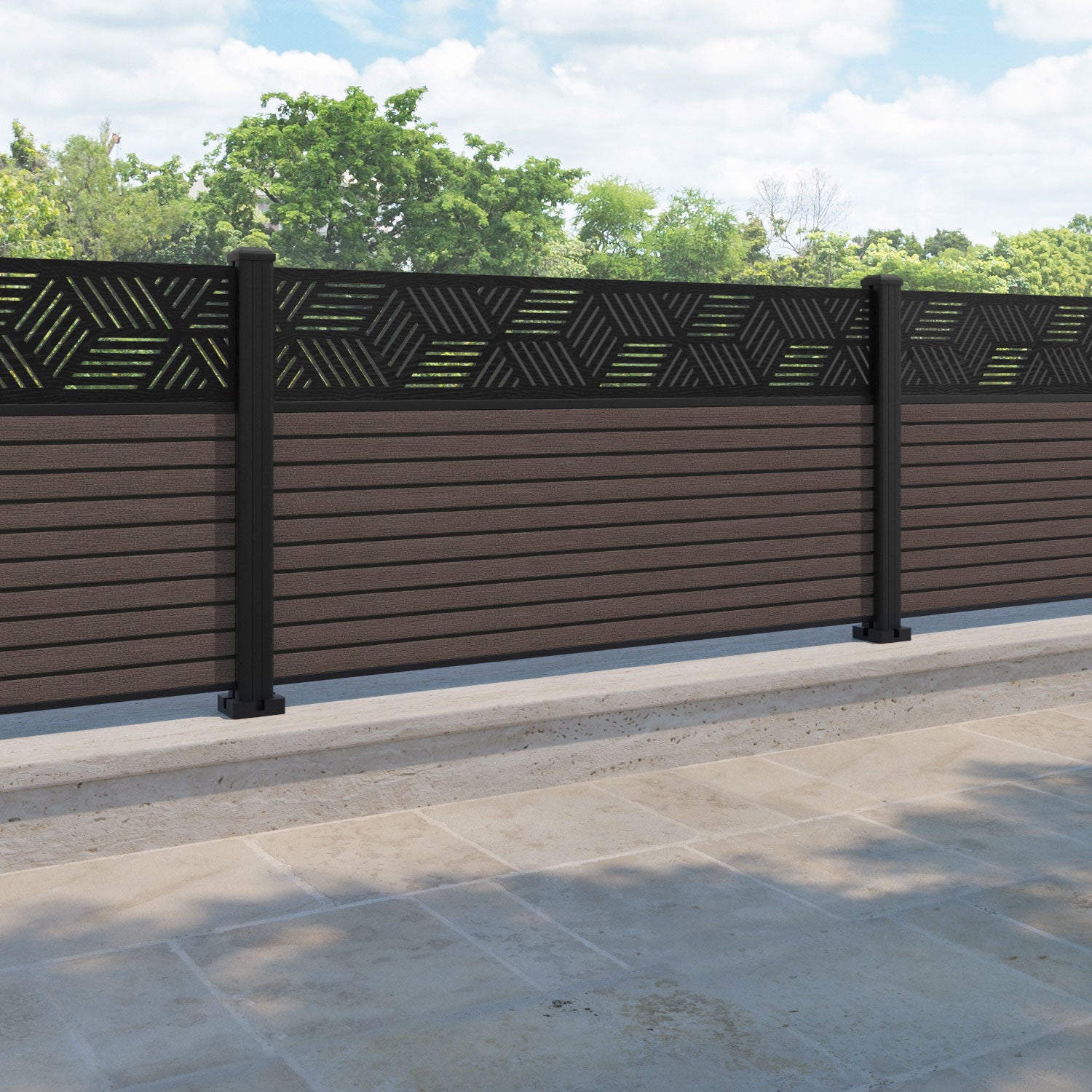 Hudson Cubed Fence Panel - Mid Brown - with our aluminium posts