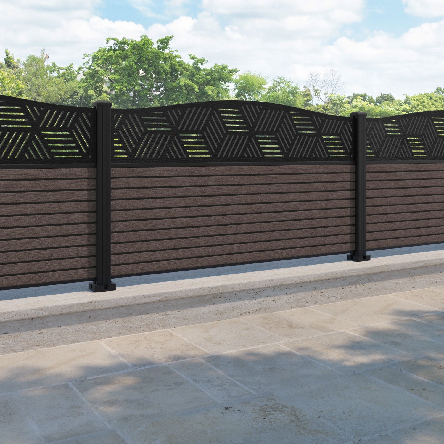 Hudson Cubed Curved Top Fence Panel - Mid Brown - with our aluminium posts