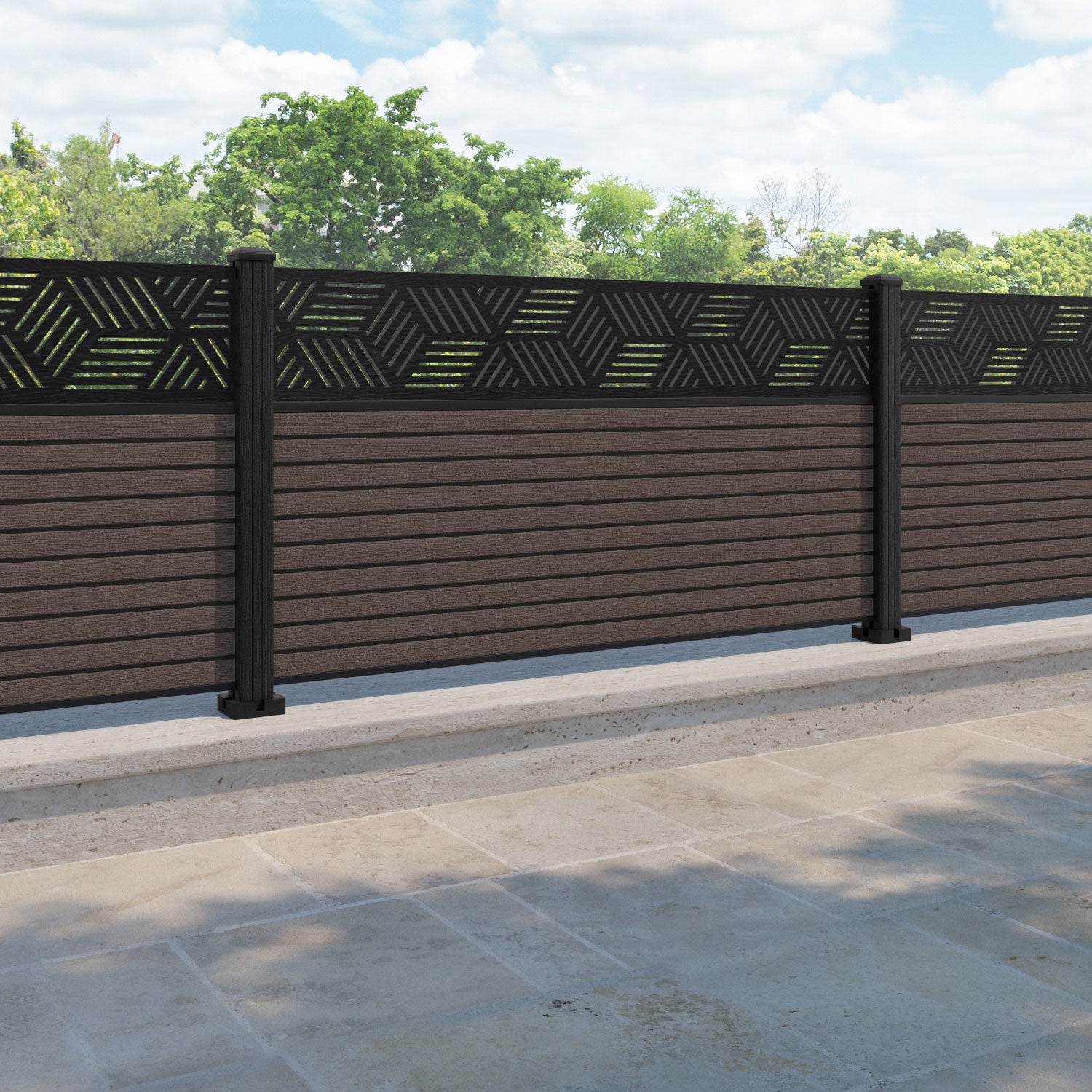 Hudson Cubed Fence Panel - Mid Brown - with our composite posts