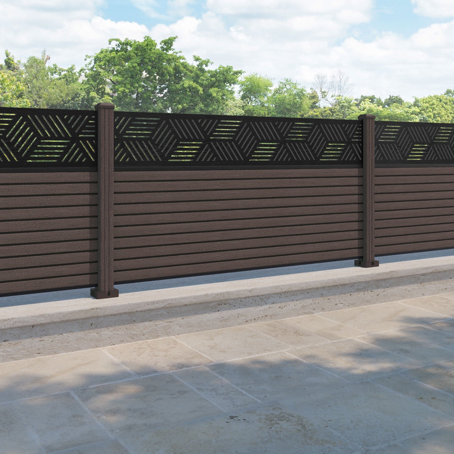 Hudson Cubed Fence Panel - Mid Brown - with our composite posts