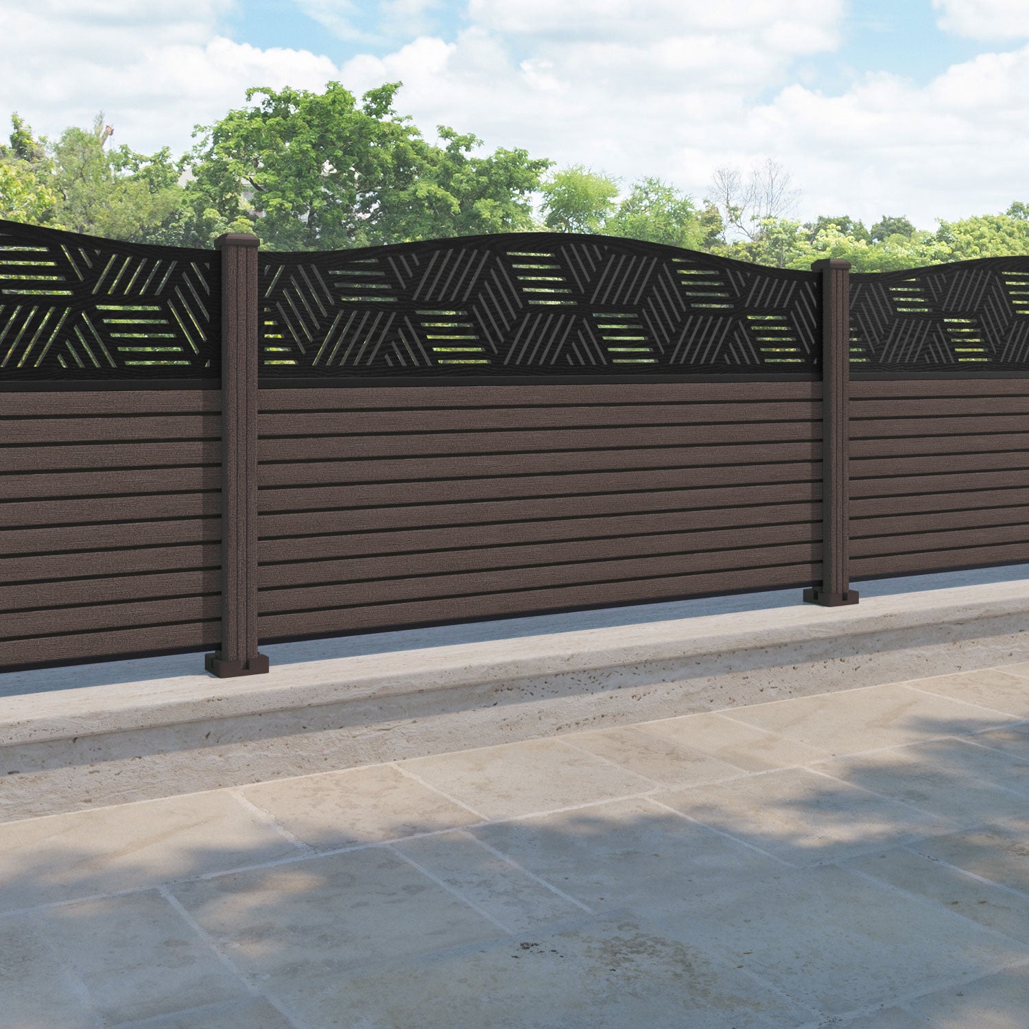 Hudson Cubed Curved Top Fence Panel - Mid Brown - with our composite posts