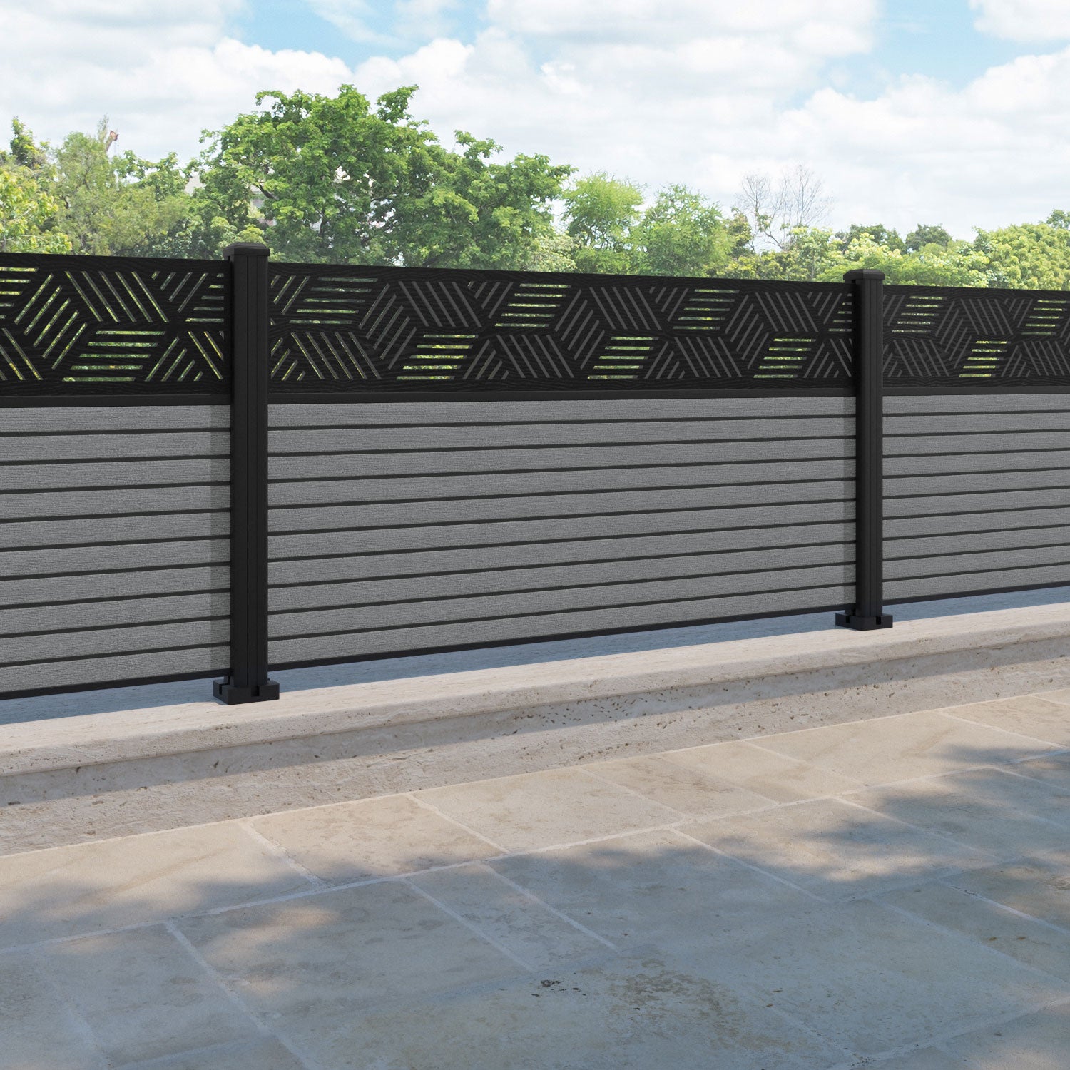 Hudson Cubed Fence Panel - Mid Grey - with our aluminium posts