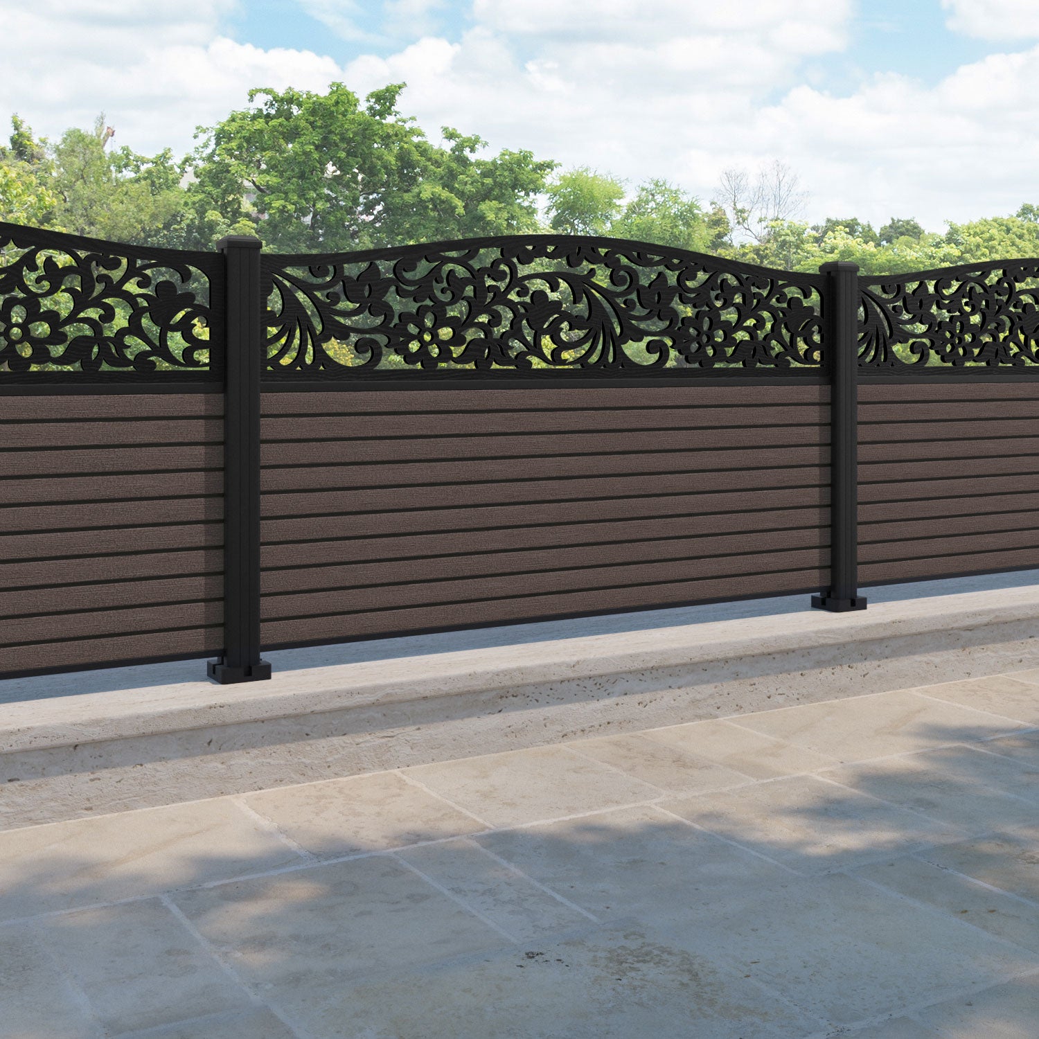 Hudson Eden Curved Top Fence Panel - Mid Brown - with our aluminium posts