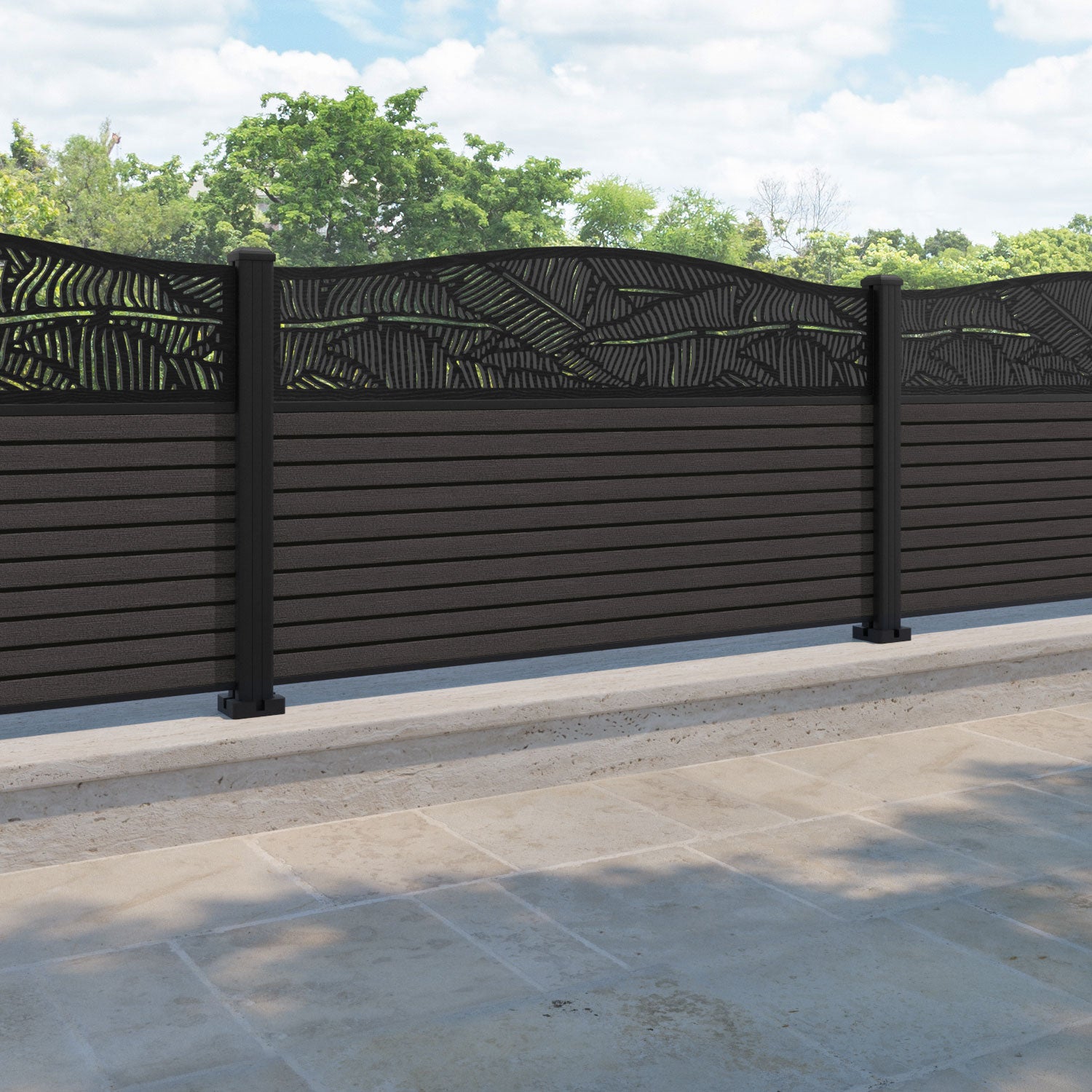 Hudson Feather Curved Top Fence Panel - Dark Oak - with our aluminium posts