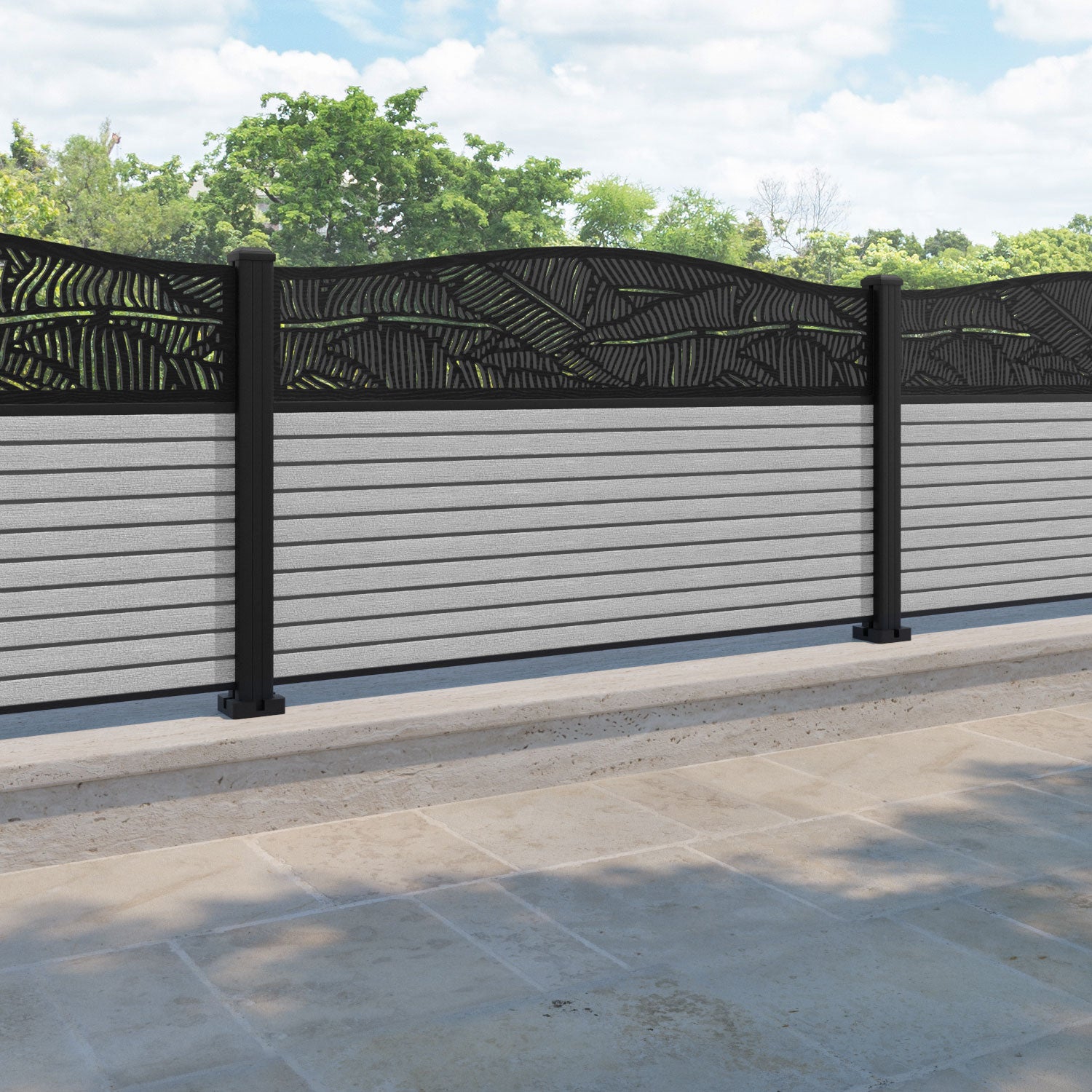 Hudson Feather Curved Top Fence Panel - Light Grey - with our aluminium posts