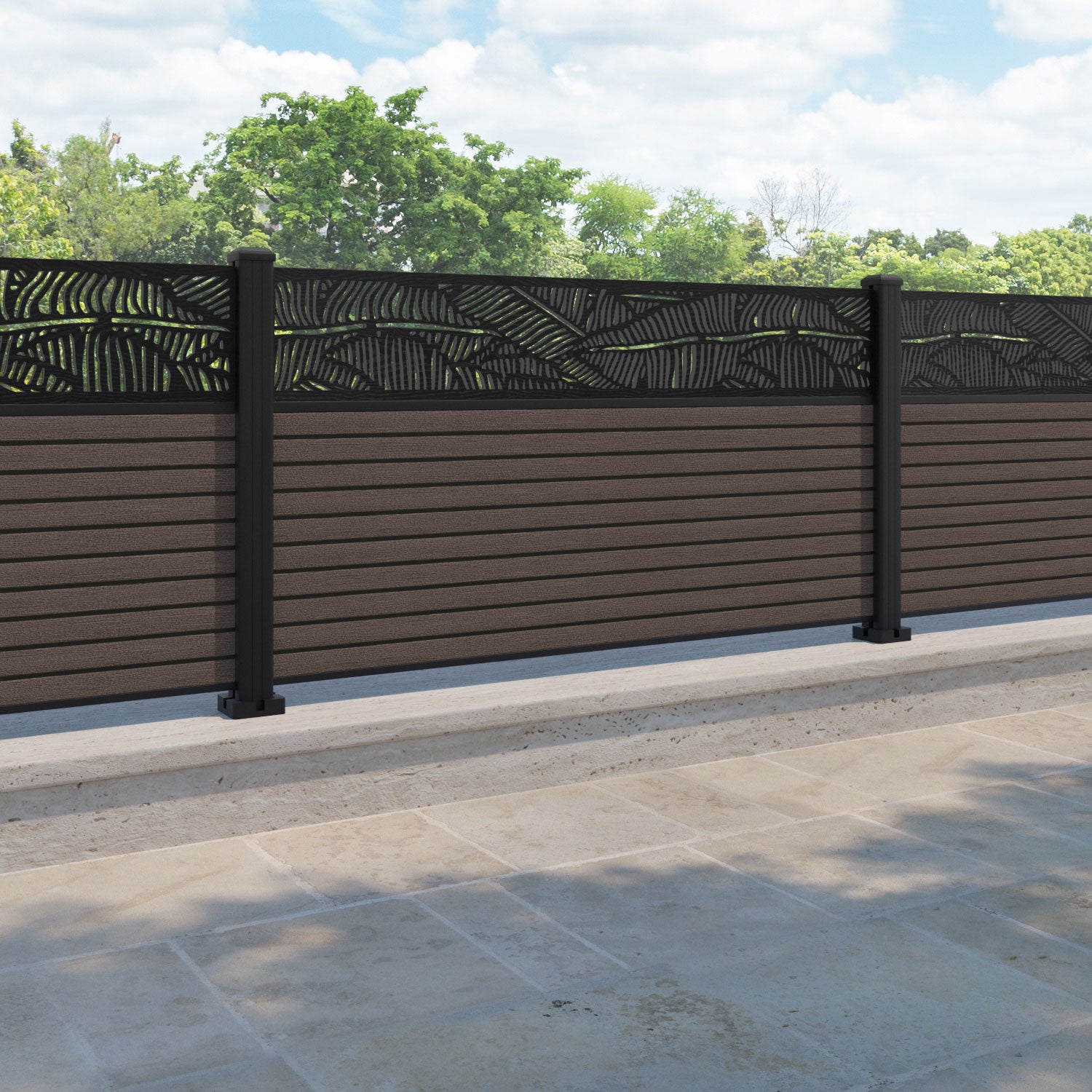 Hudson Feather Fence Panel - Mid Brown - with our aluminium posts