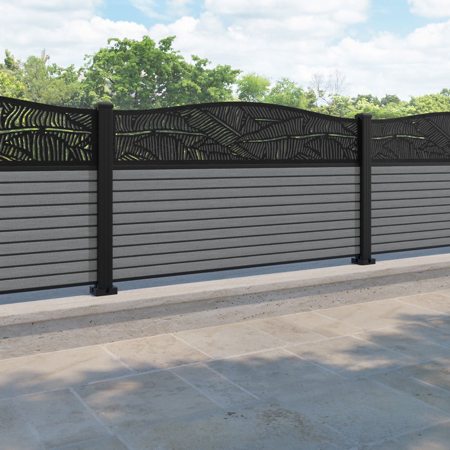 Hudson Feather Curved Top Fence Panel - Mid Grey - with our aluminium posts