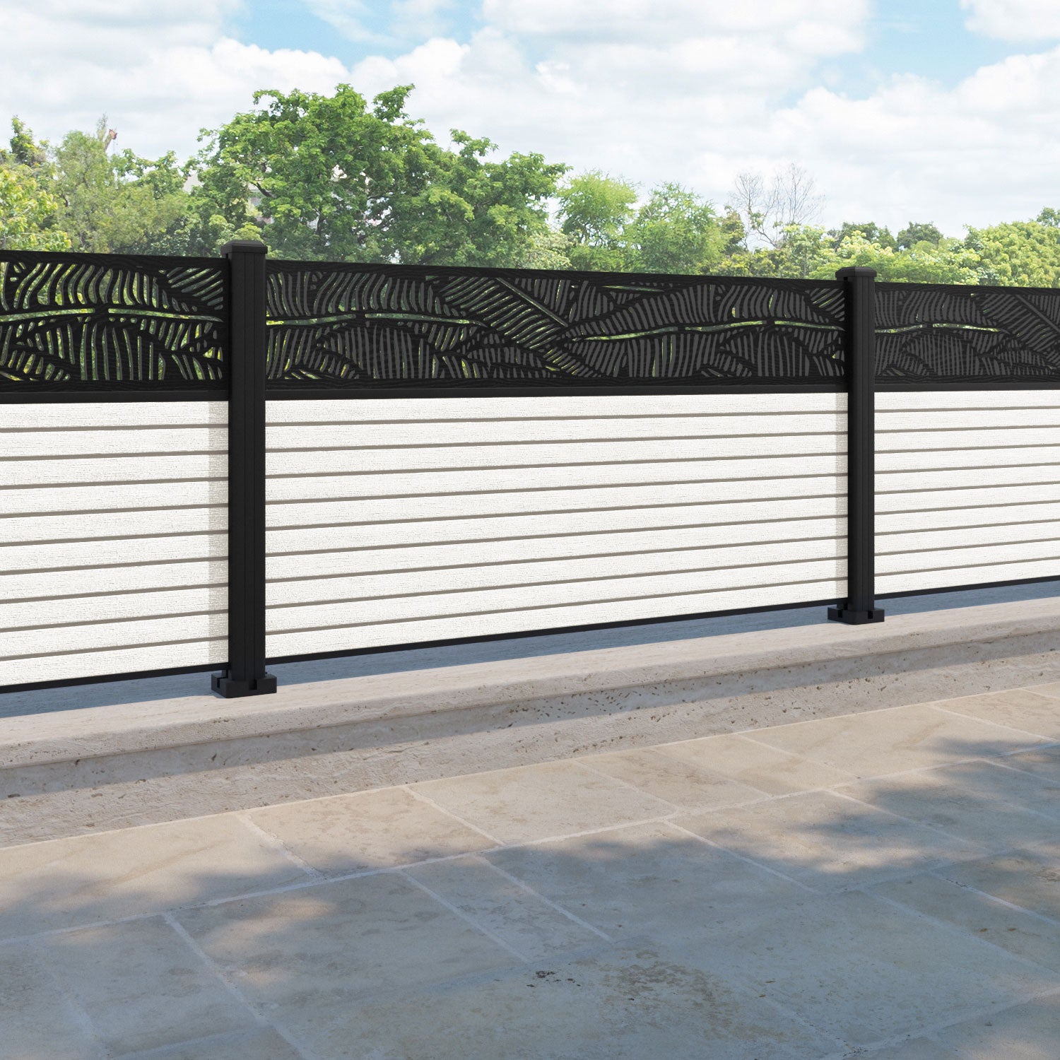 Hudson Feather Fence Panel - Light Stone - with our aluminium posts