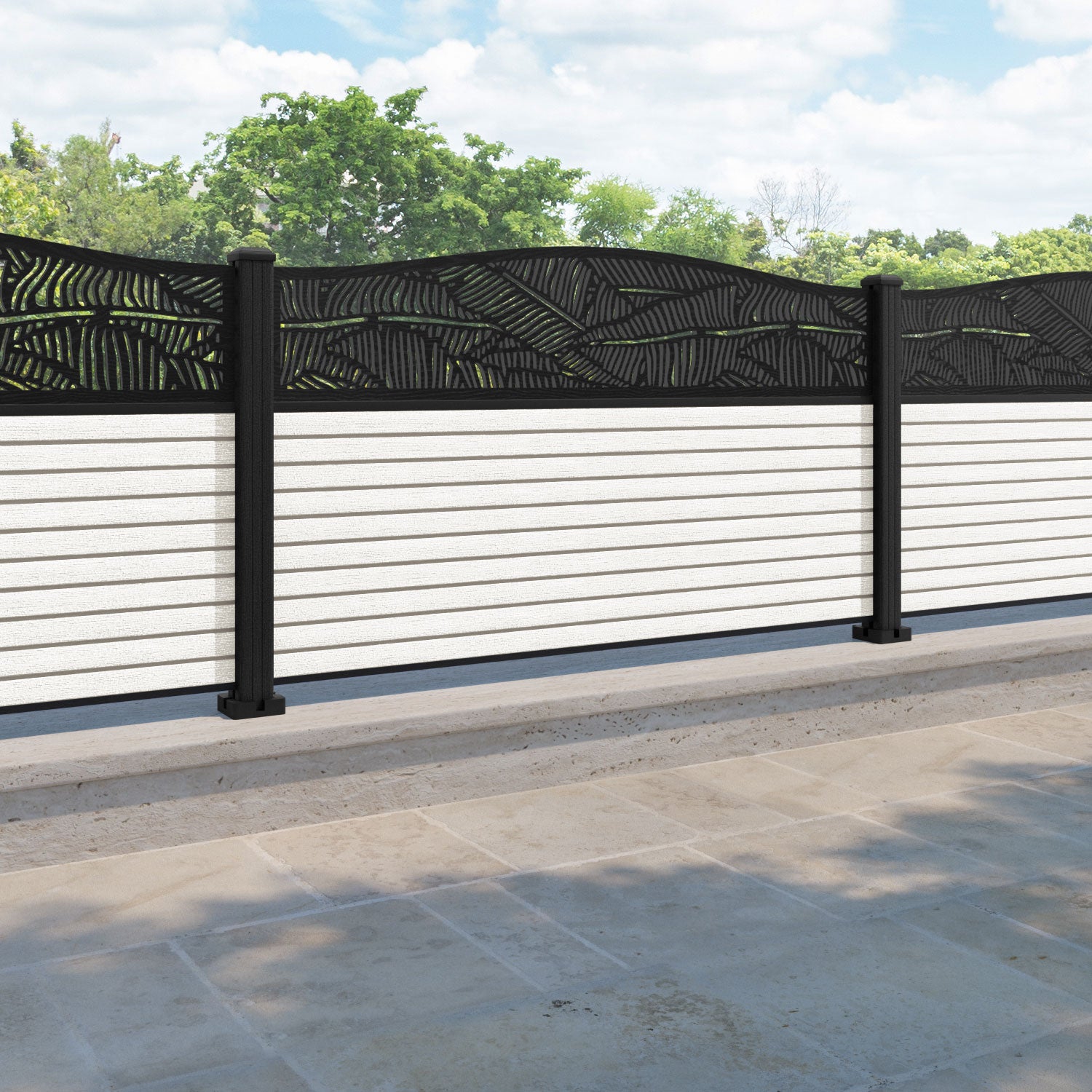 Hudson Feather Curved Top Fence Panel - Light Stone - with our composite posts