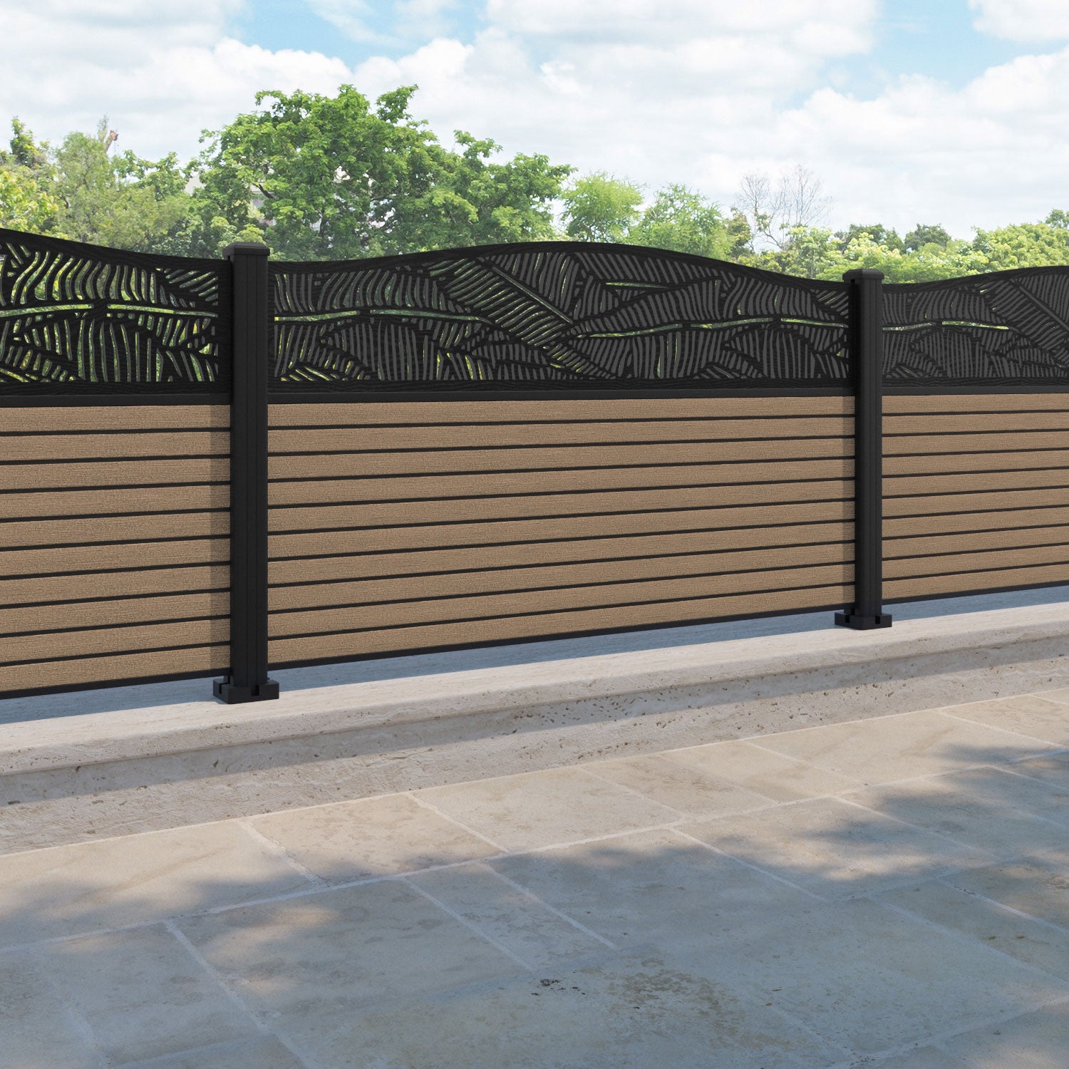 Hudson Feather Curved Top Fence Panel - Teak - with our aluminium posts