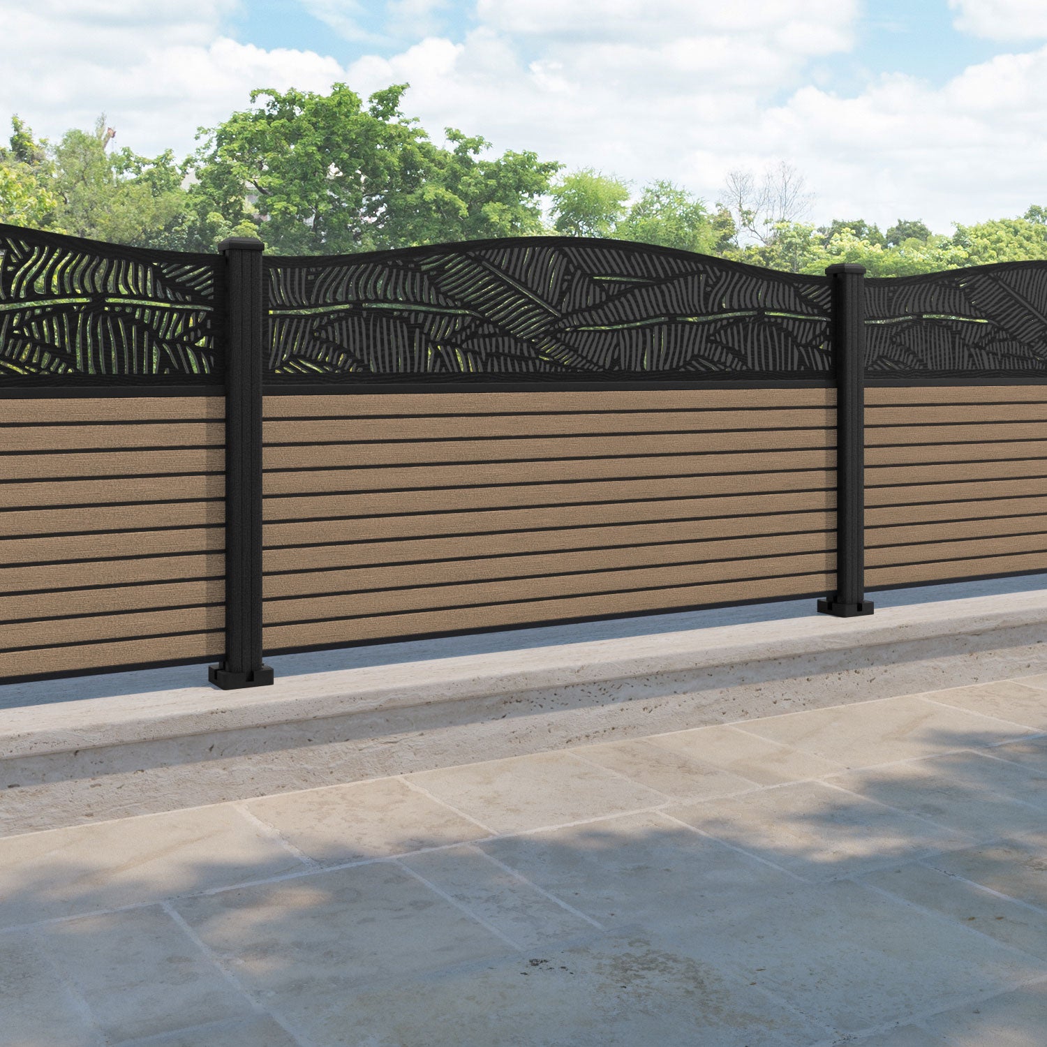 Hudson Feather Curved Top Fence Panel - Teak - with our composite posts