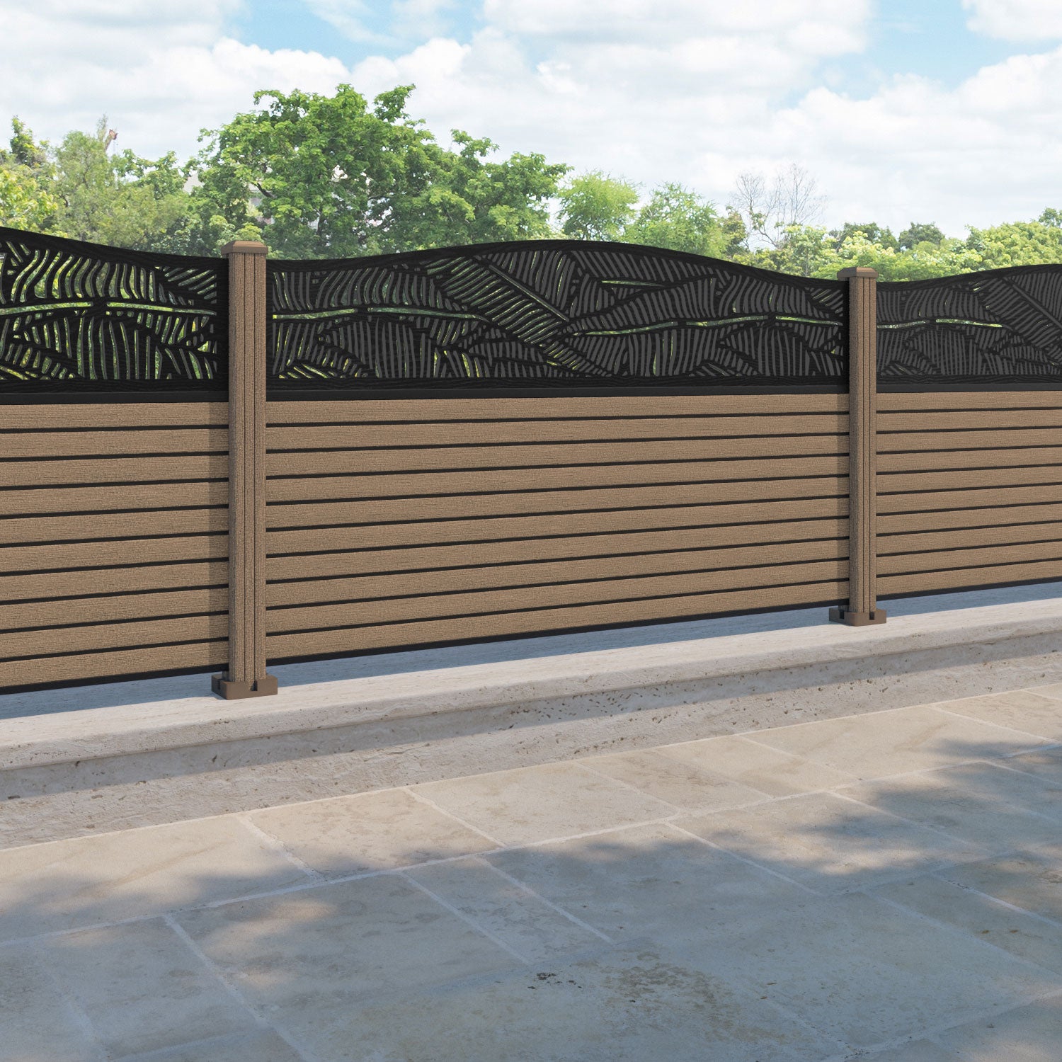 Hudson Feather Curved Top Fence Panel - Teak - with our composite posts