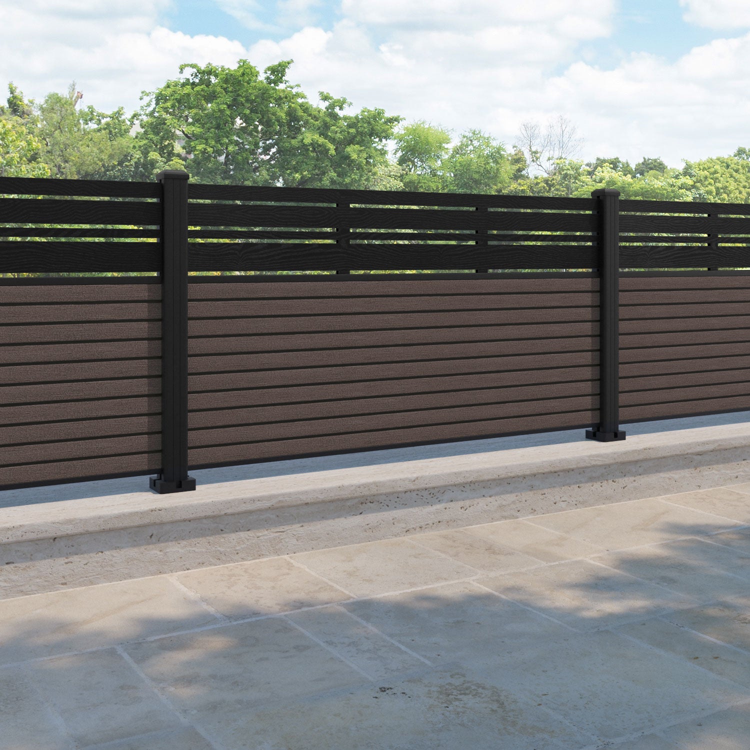 Hudson Linea Fence Panel - Mid Brown - with our aluminium posts