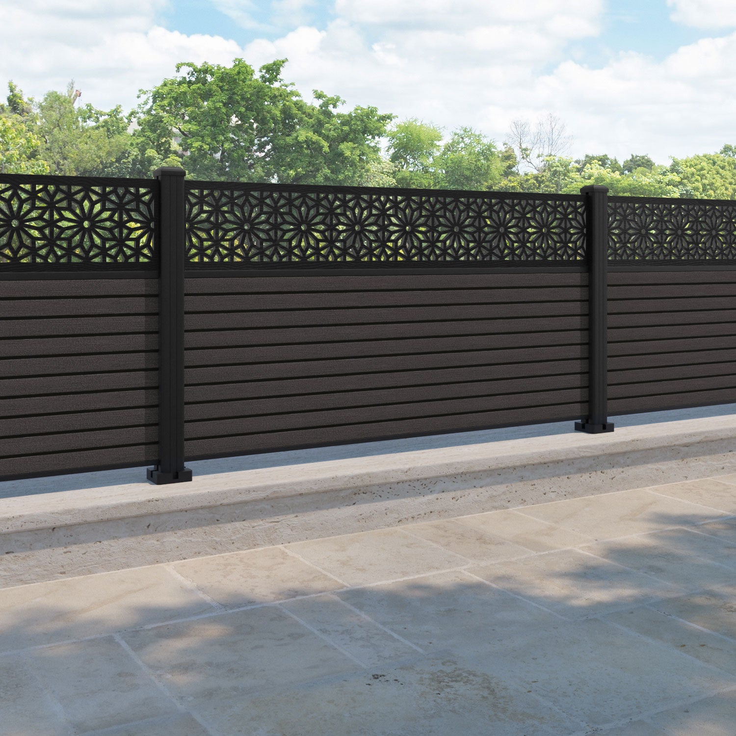 Hudson Narwa Fence Panel - Dark Oak - with our aluminium posts