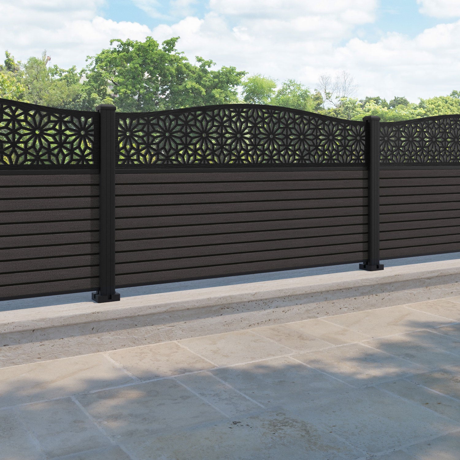 Hudson Narwa Curved Top Fence Panel - Dark Oak - with our aluminium posts