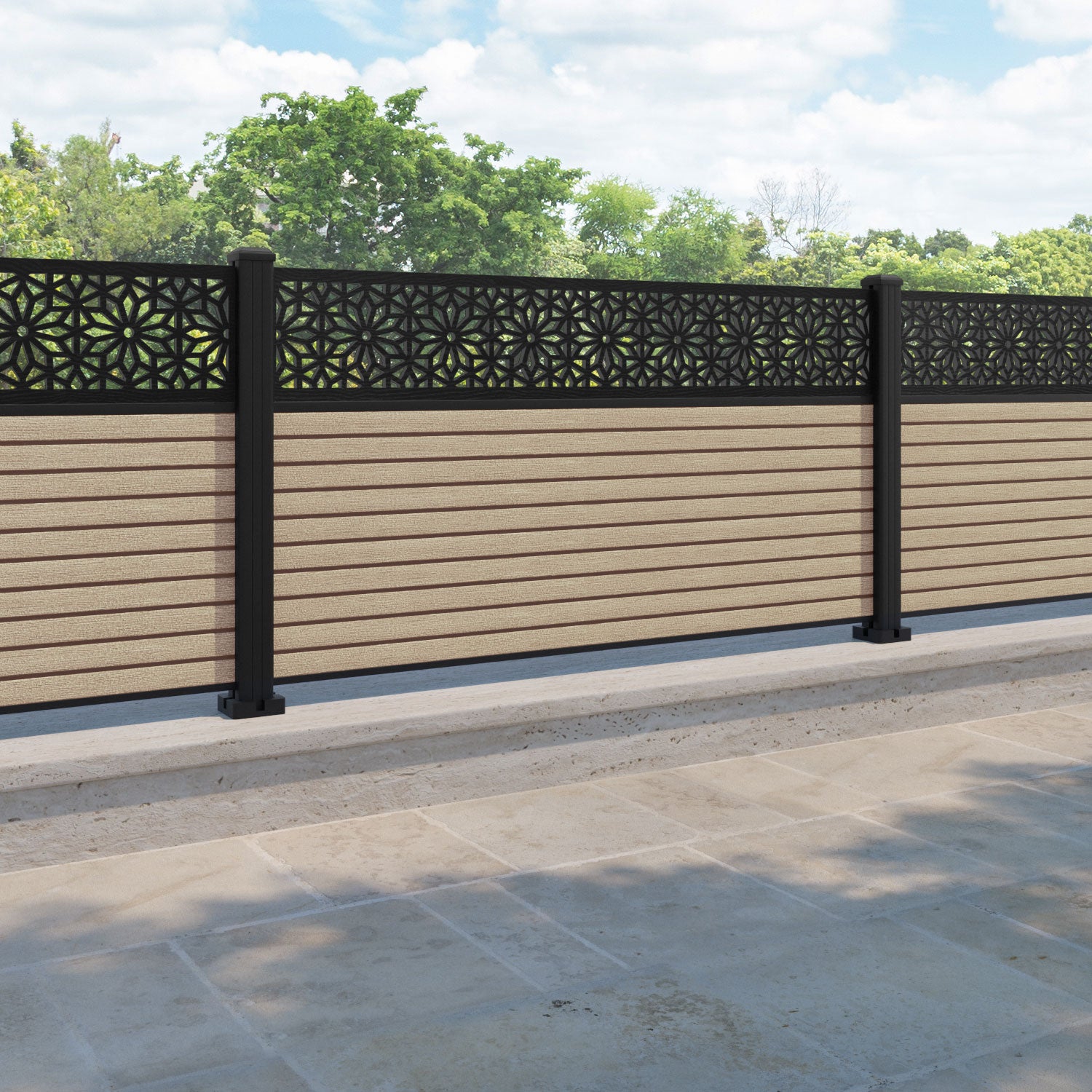 Hudson Narwa Fence Panel - Light Oak - with our aluminium posts