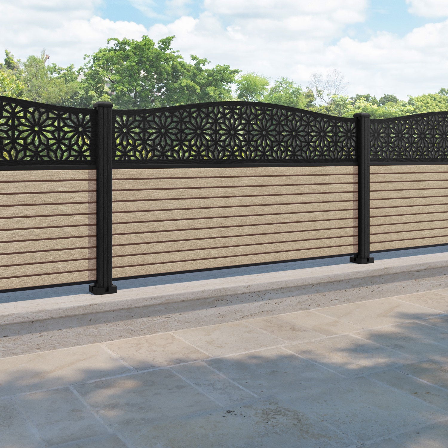 Hudson Narwa Curved Top Fence Panel - Light Oak - with our composite posts