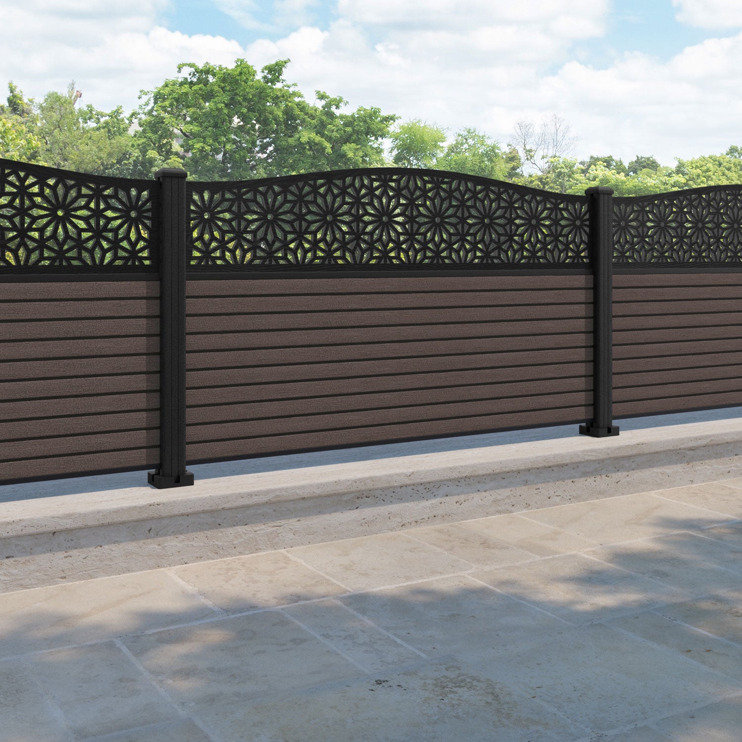 Hudson Narwa Curved Top Fence Panel - Mid Brown - with our composite posts