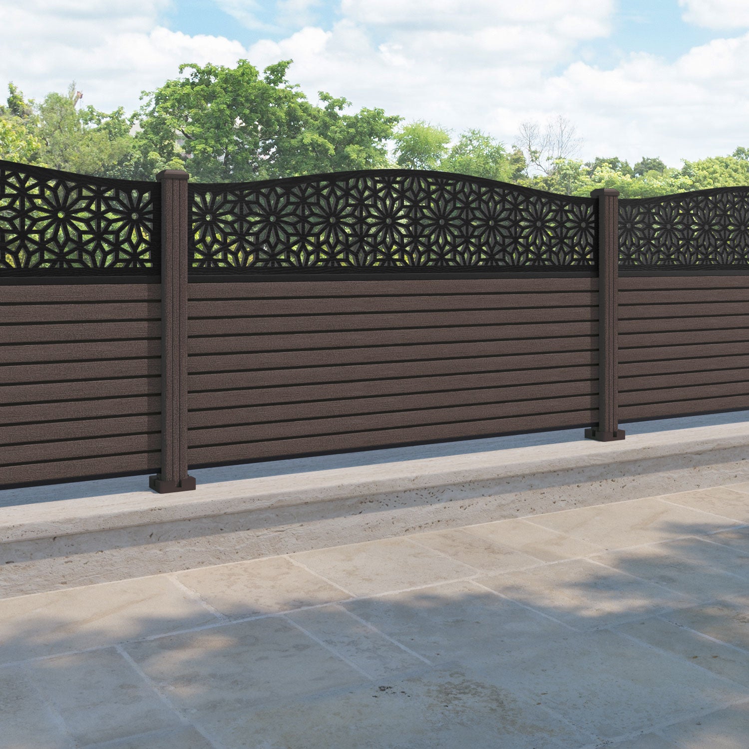 Hudson Narwa Curved Top Fence Panel - Mid Brown - with our composite posts