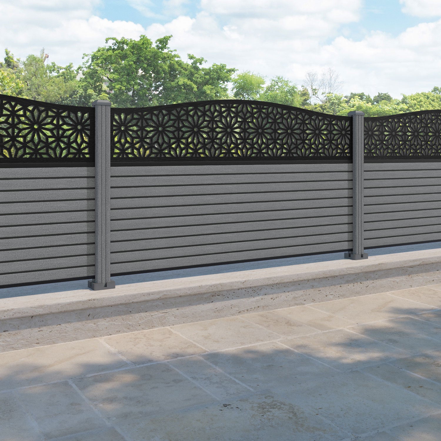 Hudson Narwa Curved Top Fence Panel - Mid Grey - with our composite posts