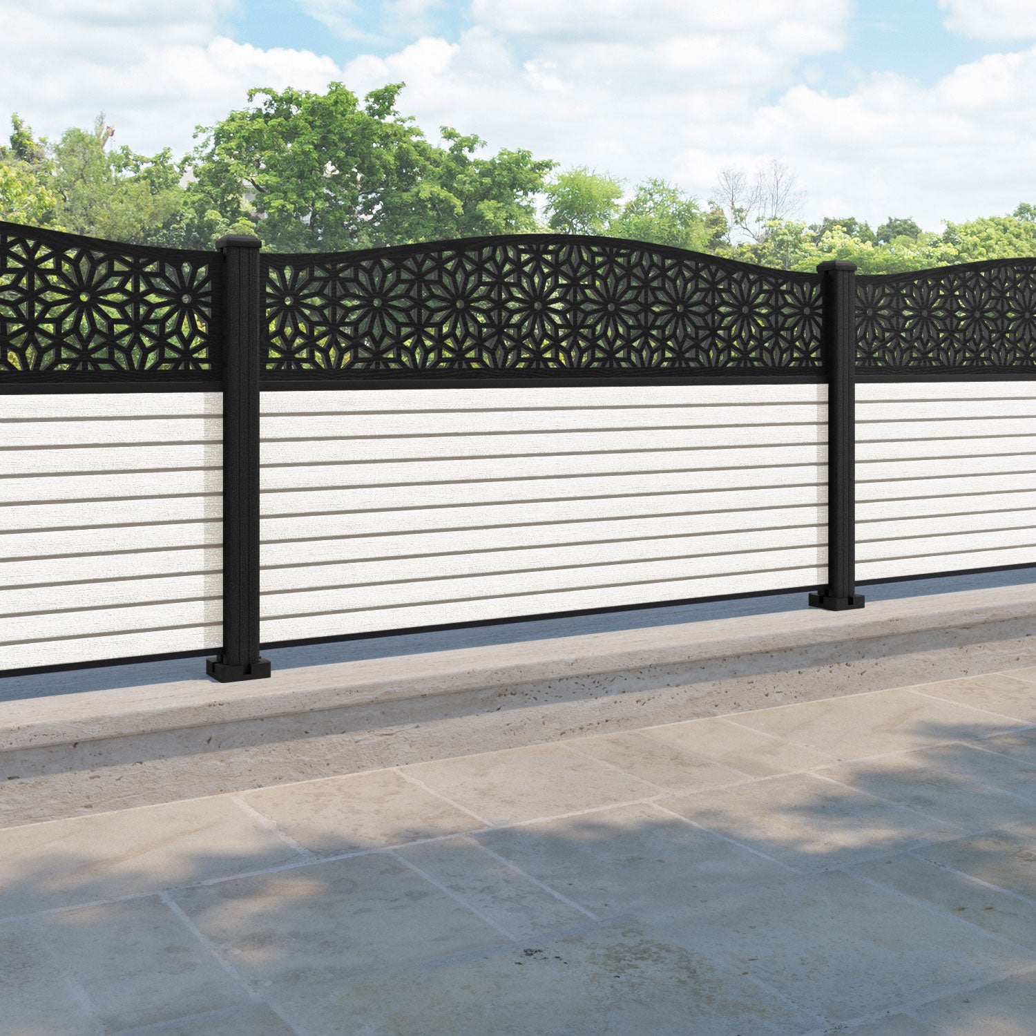 Hudson Narwa Curved Top Fence Panel - Light Stone - with our composite posts