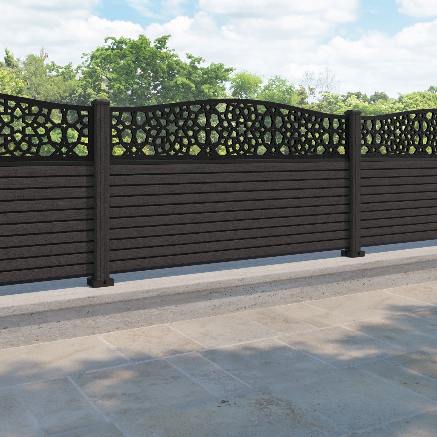 Hudson Nazira Curved Top Fence Panel - Dark Oak - with our composite posts