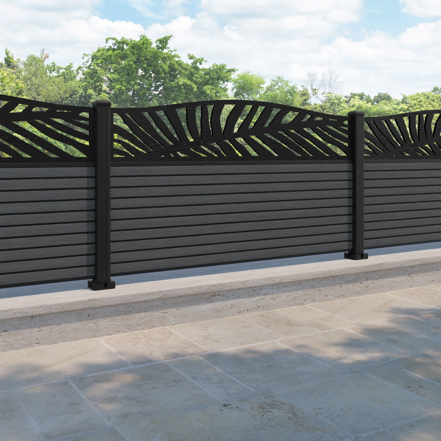Hudson Palm Curved Top Fence Panel - Dark Grey - with our composite posts