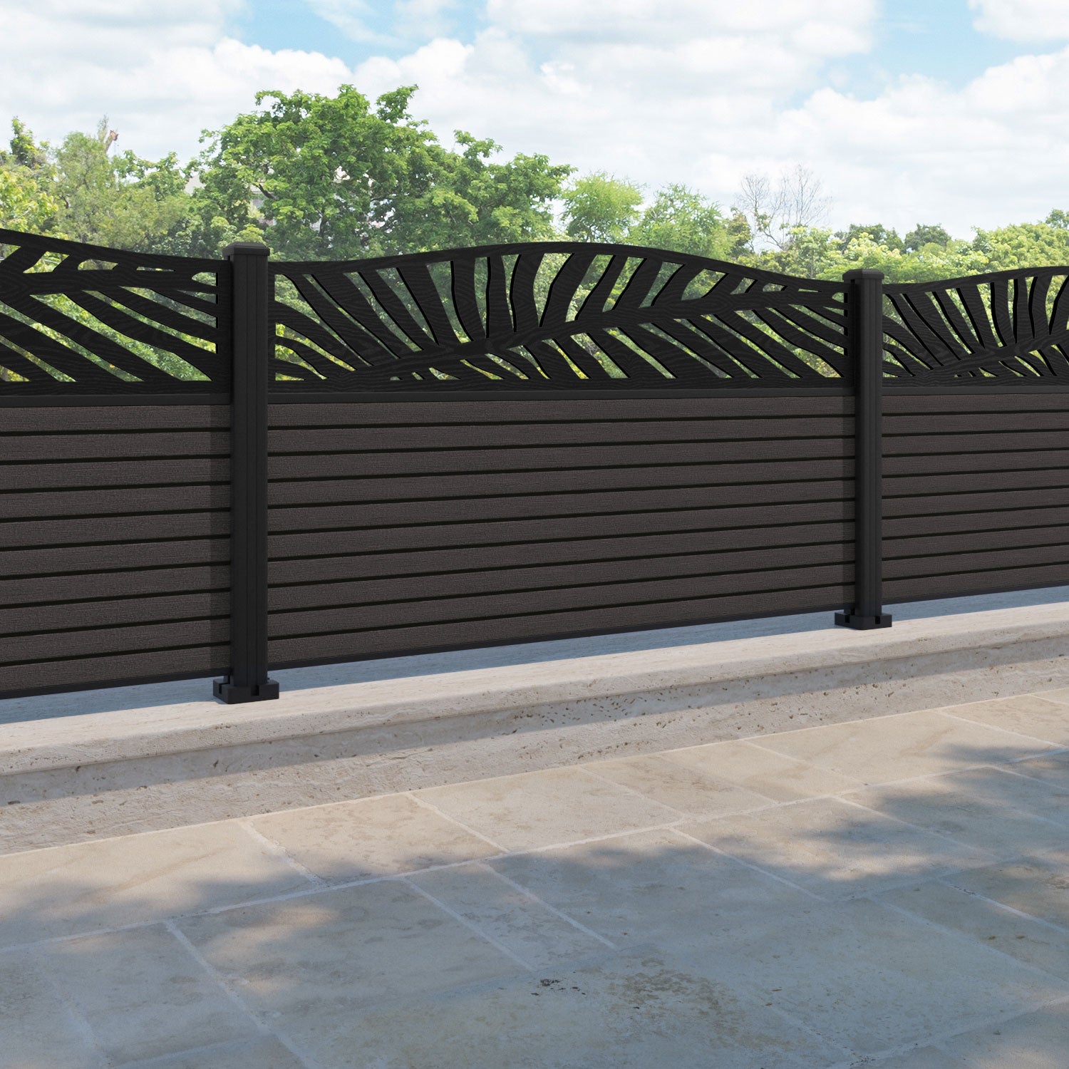 Hudson Palm Curved Top Fence Panel - Dark Oak - with our aluminium posts