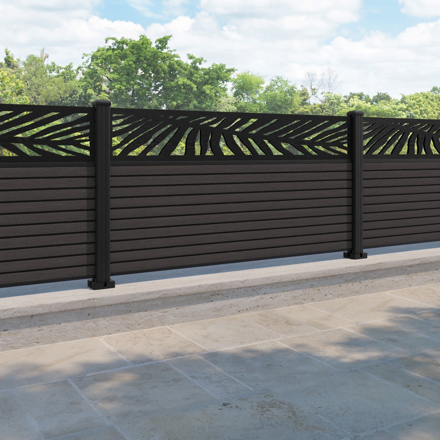 Hudson Palm Fence Panel - Dark Oak - with our composite posts
