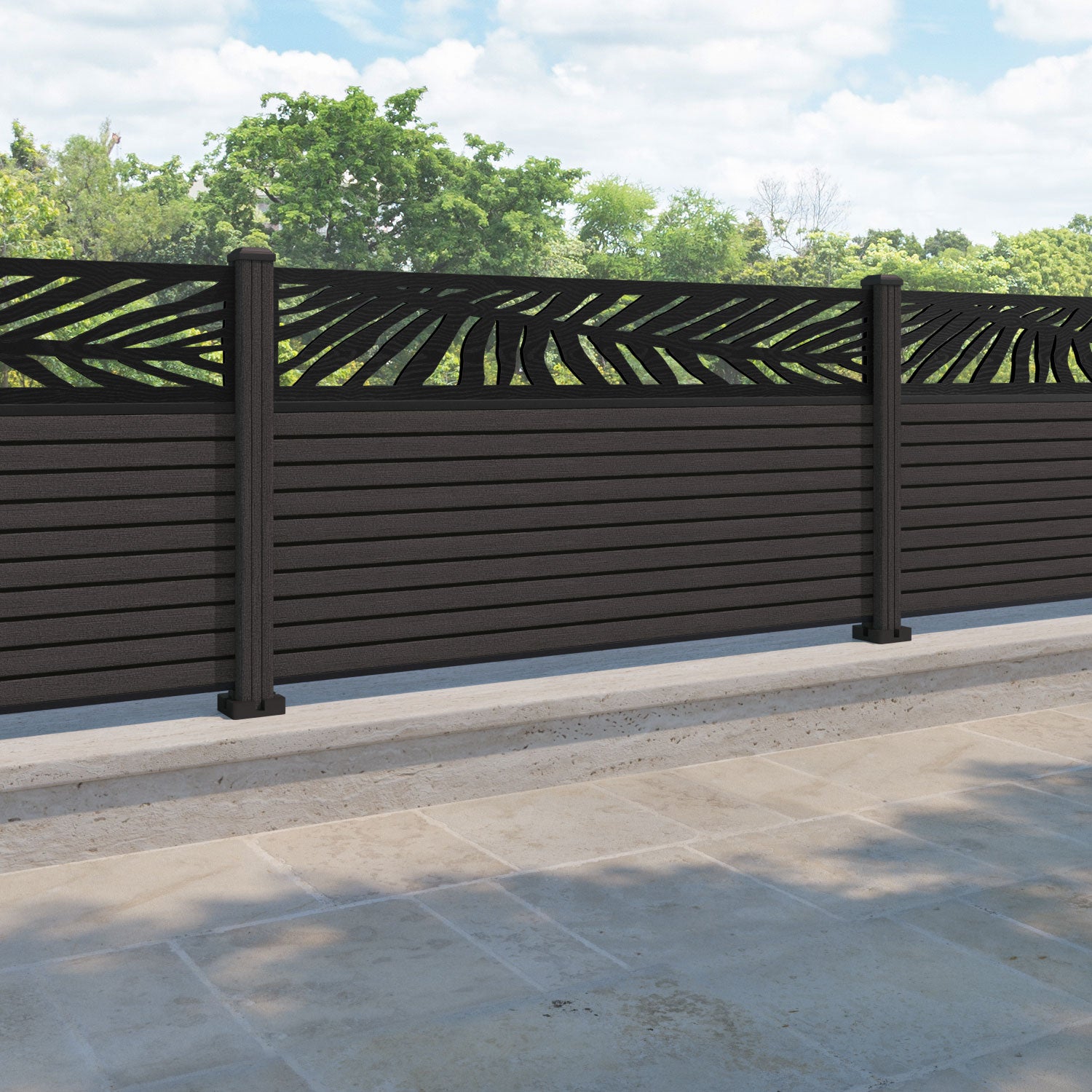 Hudson Palm Fence Panel - Dark Oak - with our composite posts