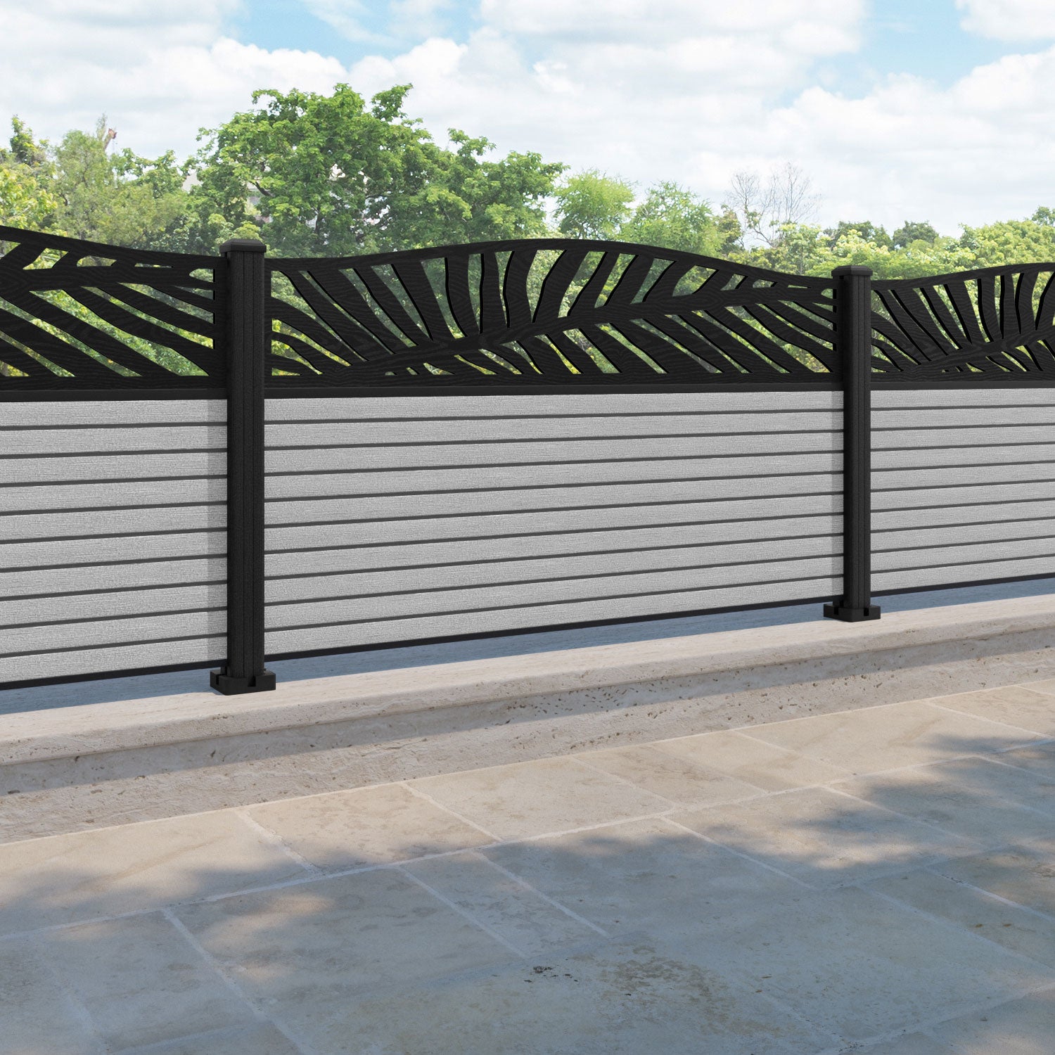 Hudson Palm Curved Top Fence Panel - Light Grey - with our composite posts