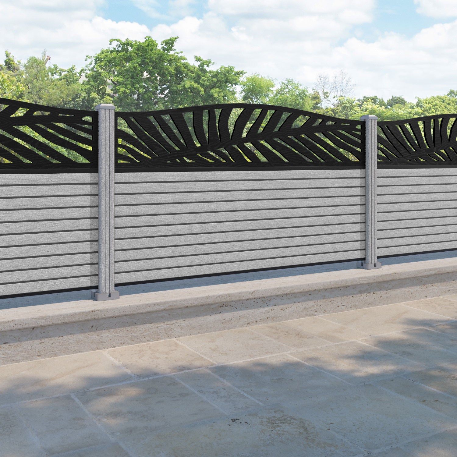Hudson Palm Curved Top Fence Panel - Light Grey - with our composite posts