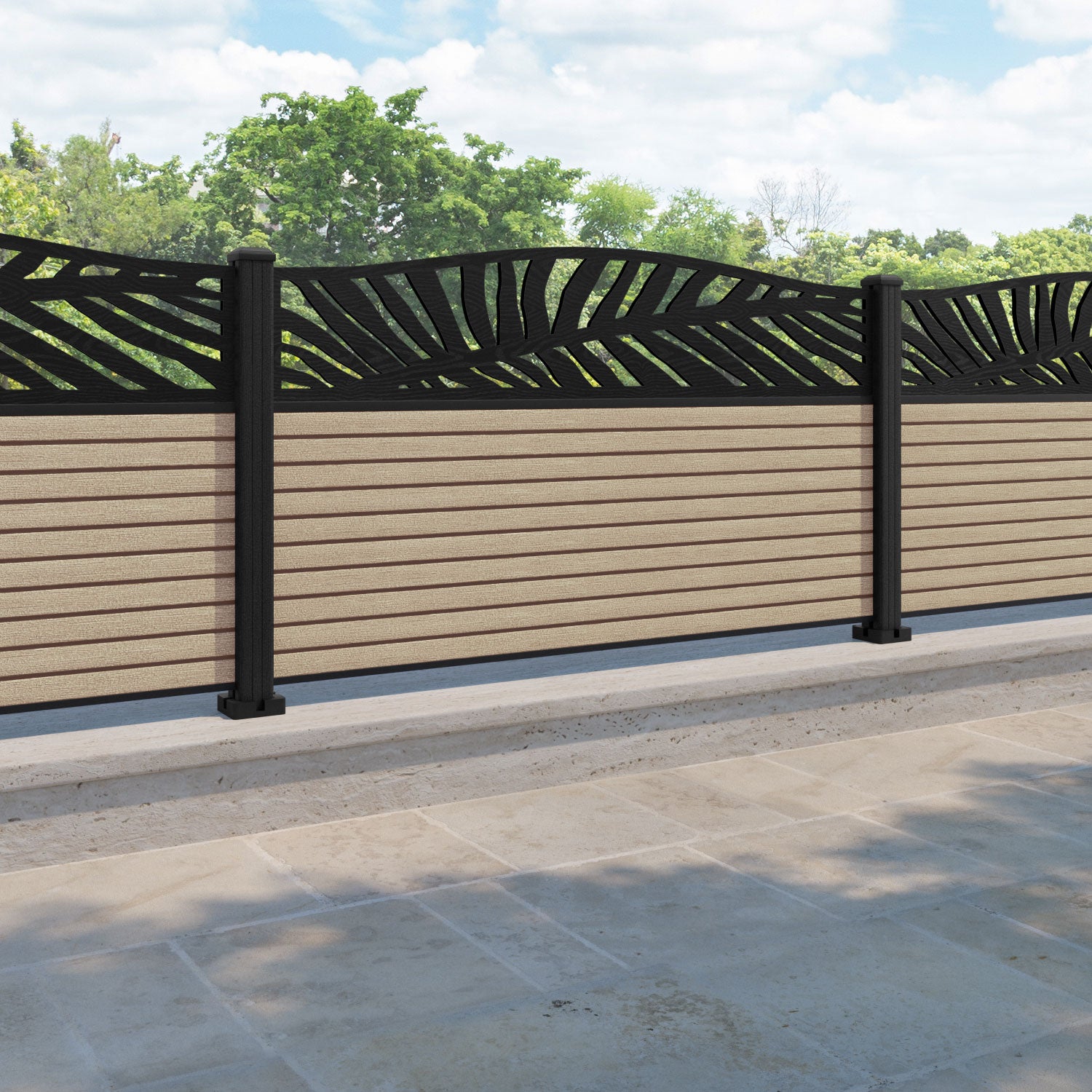 Hudson Palm Curved Top Fence Panel - Light Oak - with our composite posts