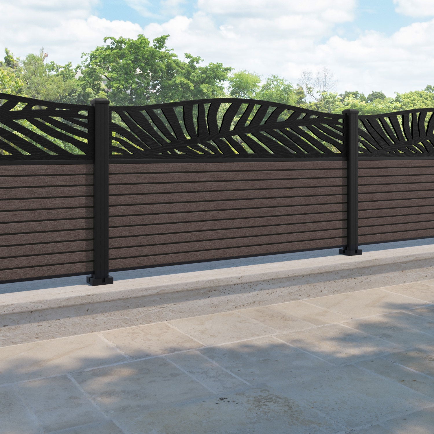 Hudson Palm Curved Top Fence Panel - Mid Brown - with our aluminium posts