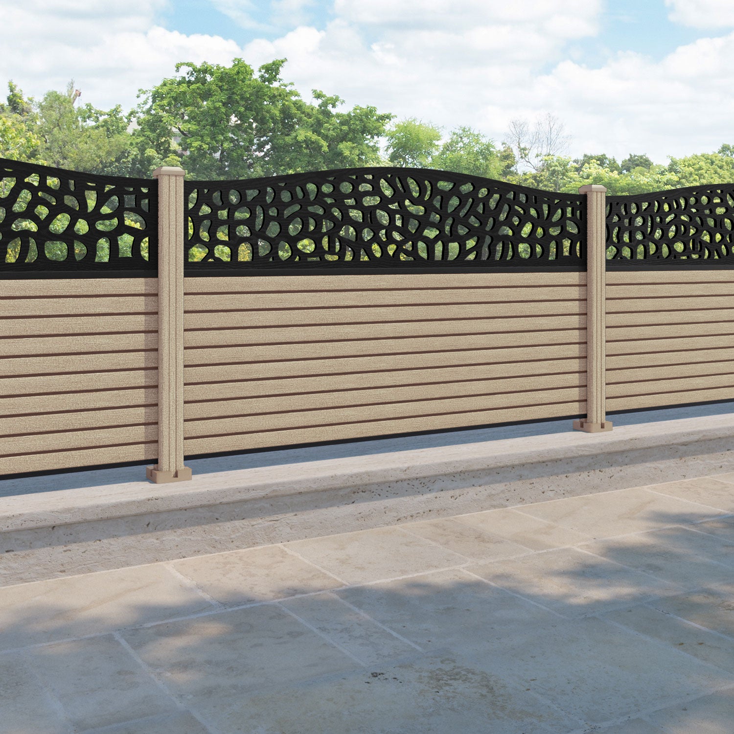 Hudson Pebble Curved Top Fence Panel - Light Oak - with our composite posts