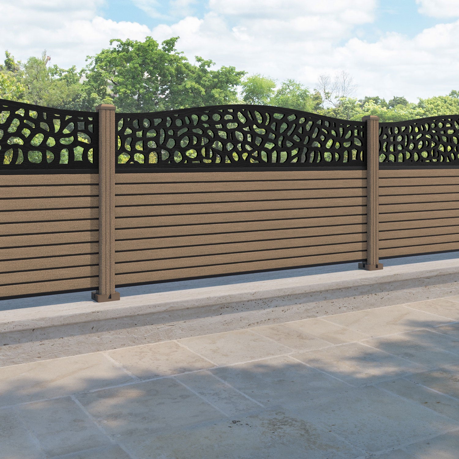 Hudson Pebble Curved Top Fence Panel - Teak - with our composite posts