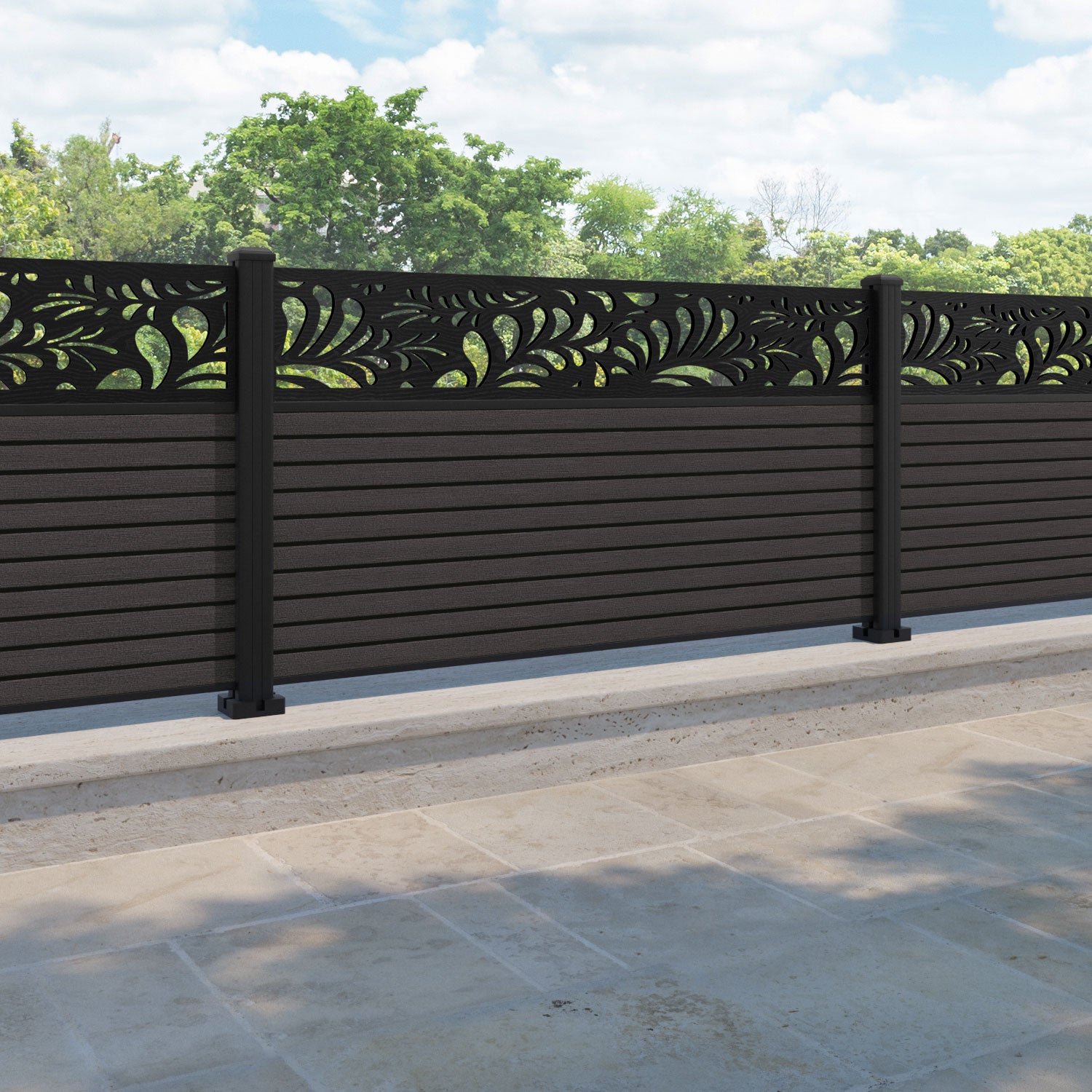 Hudson Petal Fence Panel - Dark Oak - with our aluminium posts